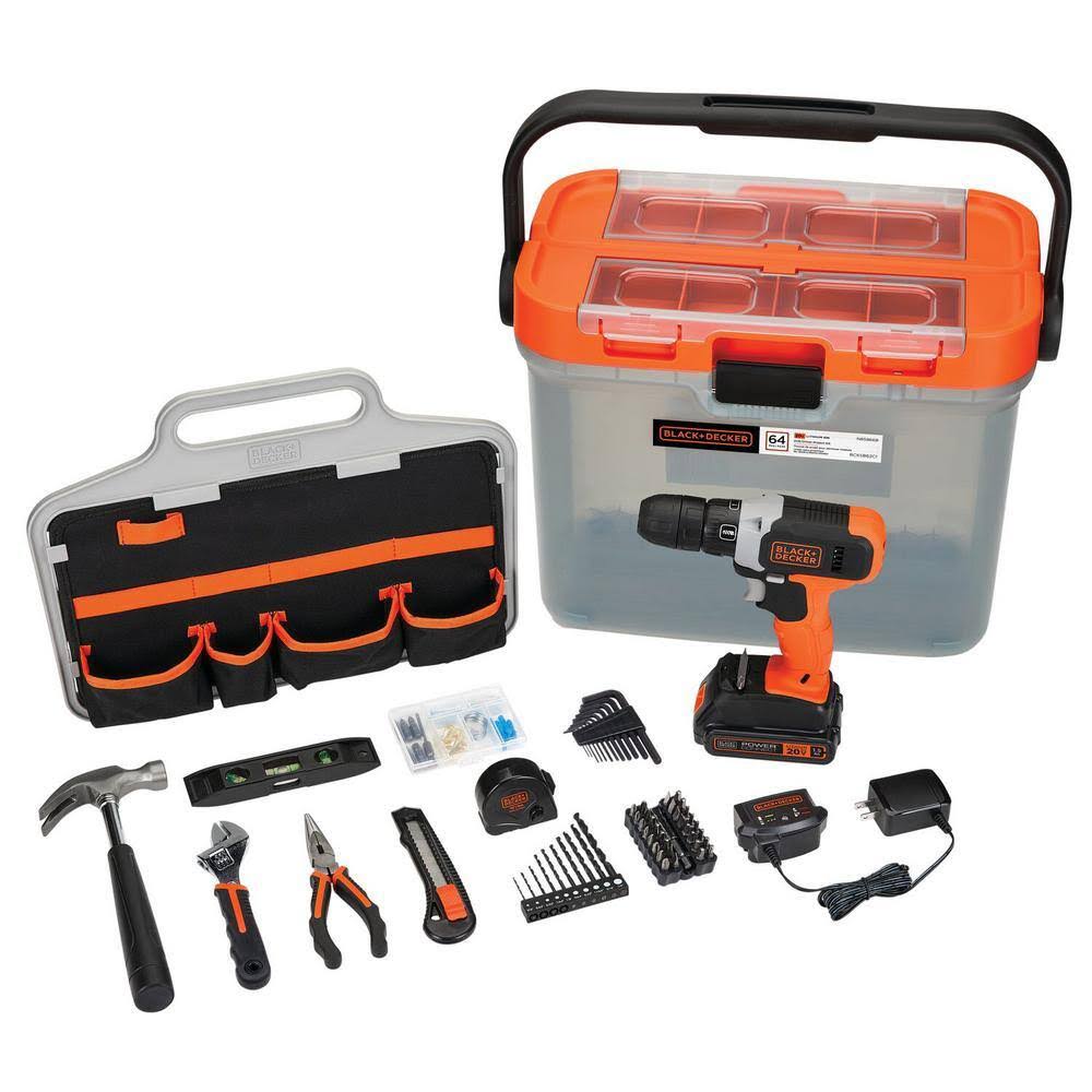 BCKSB62C1 20V MAX Lithium-Ion Drill with Hand Tool and Accessory Home Project Kit (64 Piece)