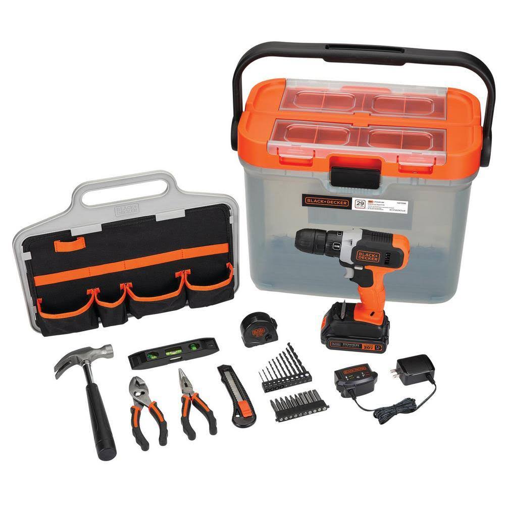 BCKSB29C1 20V MAX Lithium-Ion Cordless Drill Kit with 1.5Ah Battery, Charger, 28 Piece Home Project Kit, and Translucent Tool Box