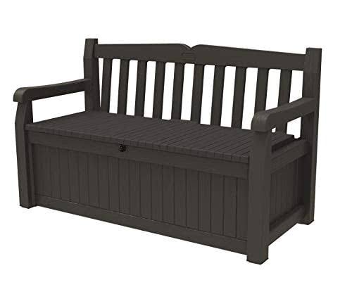 Solana 70 Gallon Storage Bench Deck Box for Patio Furniture, Front Porch Decor and Outdoor Seating   Perfect to Store Garden Tools and Pool Toys, Brown