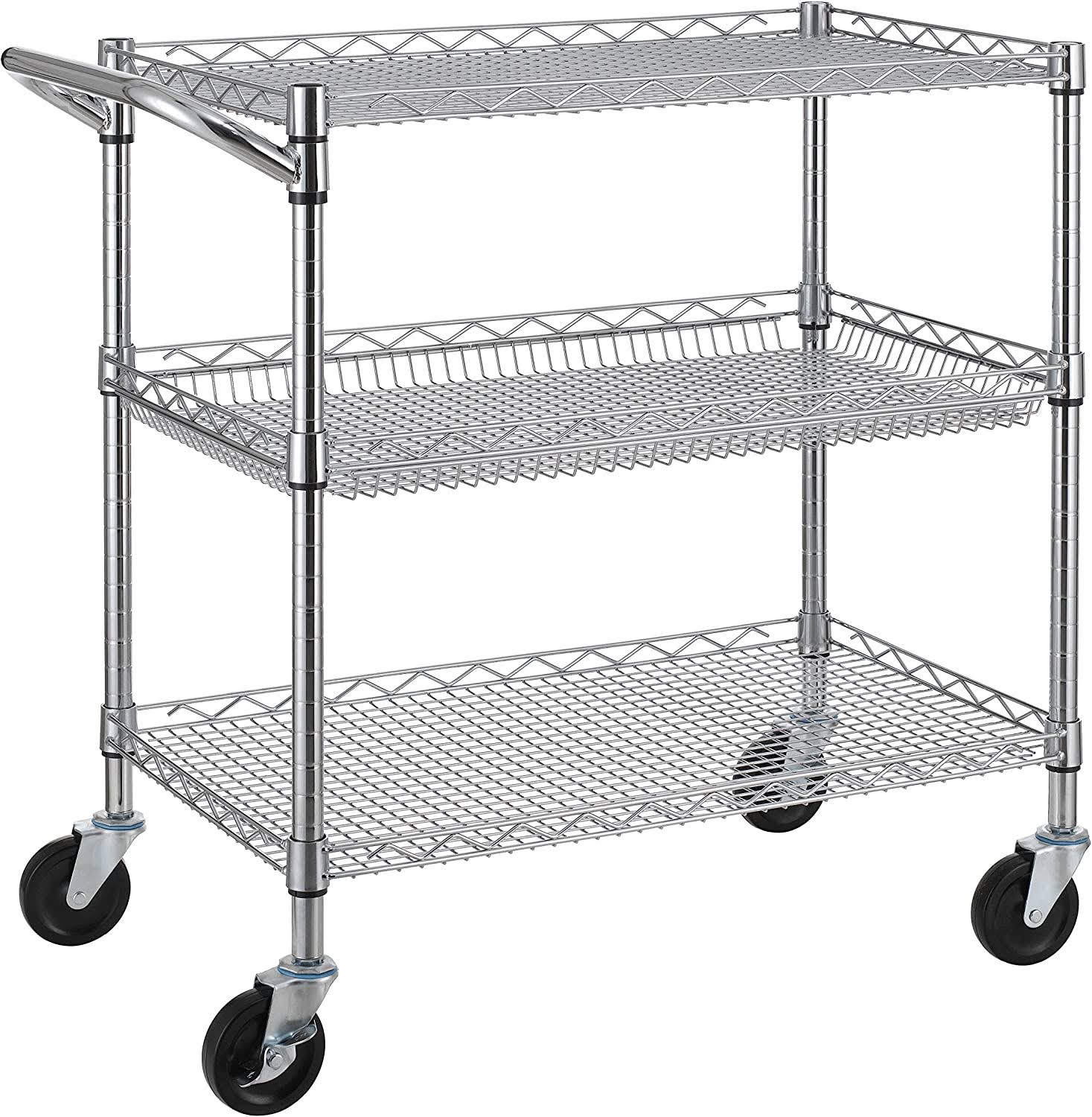 Finnhomy 3 Tier Heavy Duty Commercial Grade Utility Cart, Wire Rolling Cart with Handle Bar, Steel Service Cart with Wheels, Utility Shelf Plant Display Shelf Food Storage Trolley, NSF Listed