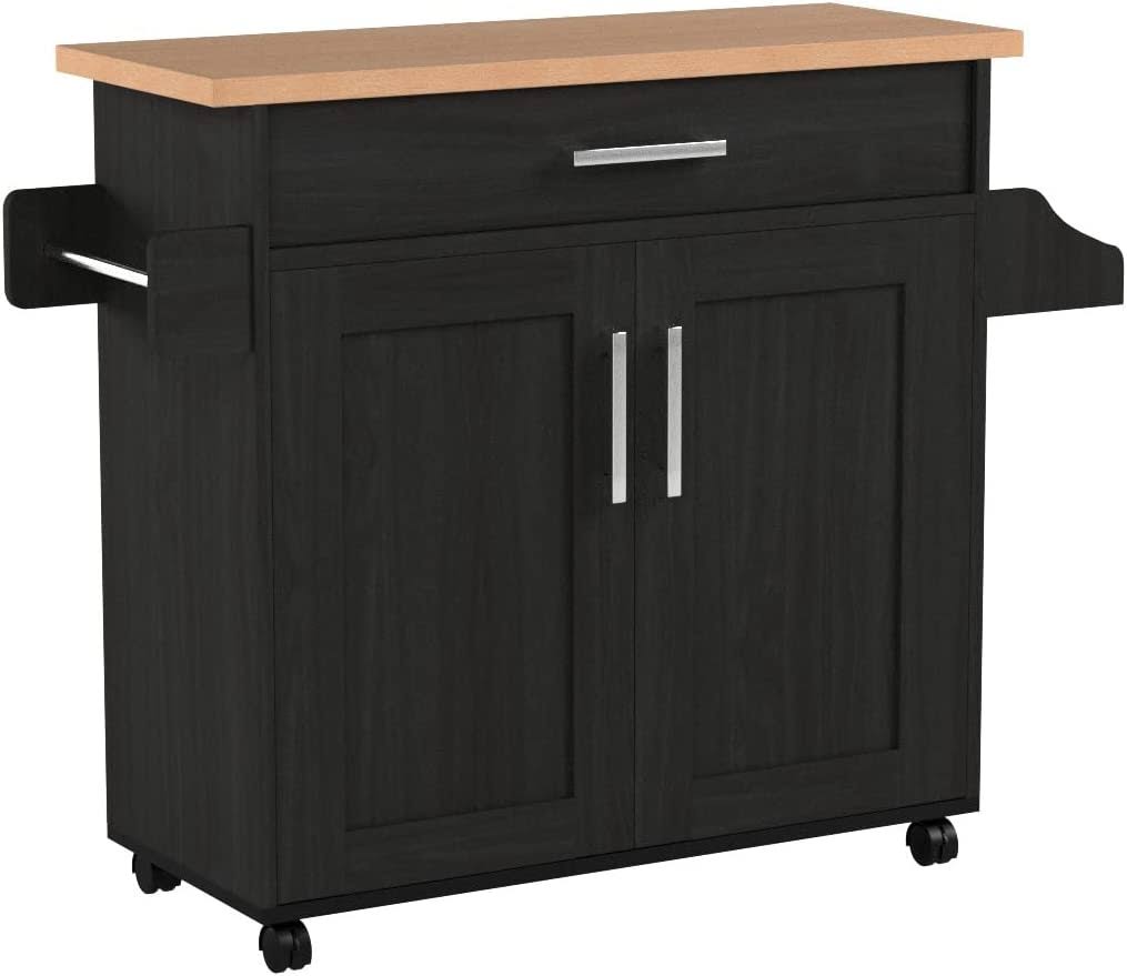 Hodedah Kitchen Island with Spice Rack, Towel Rack   Drawer, Black with Beech Top