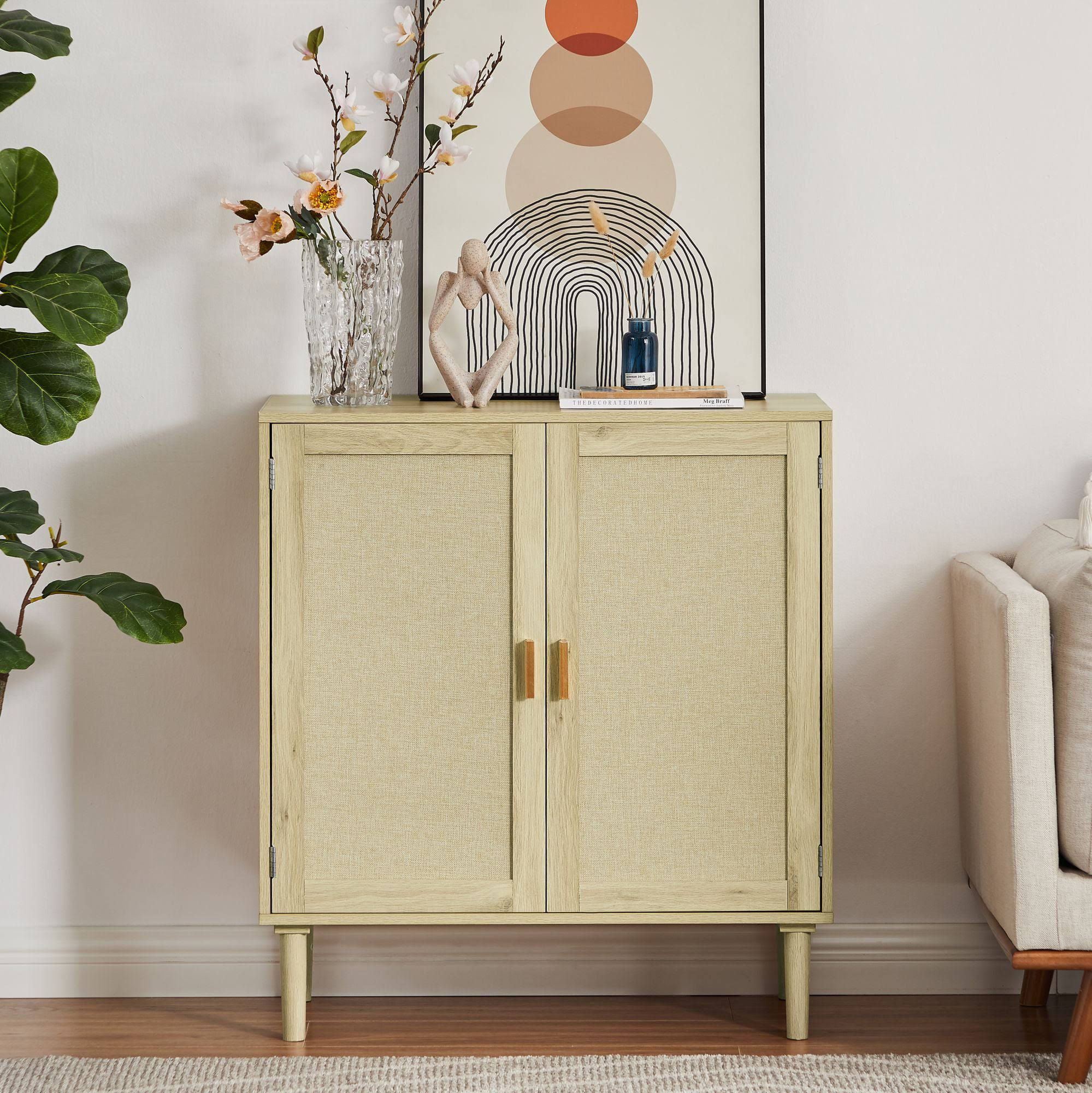 Ouyessir Fabric Cabinet Kitchen Storage Cabinets, Wine Cabinets, Dining Room, Hallway, Cabinet Consoles, Feature Cabinets with Fabric Decorative Doors, Wooden, Off-White