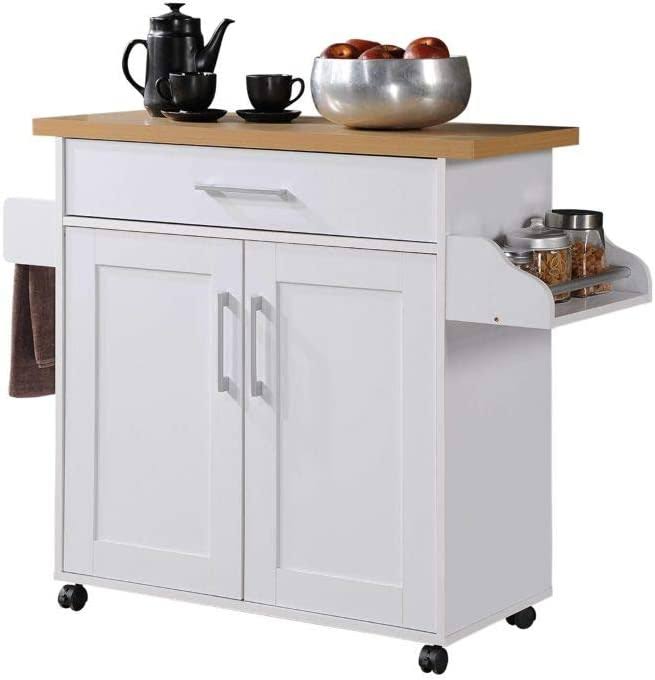 Hodedah Kitchen Island with Spice Rack, Towel Rack   Drawer, White with Beech Top, 15.5 x 35.5-44.9 x 35.2 inches