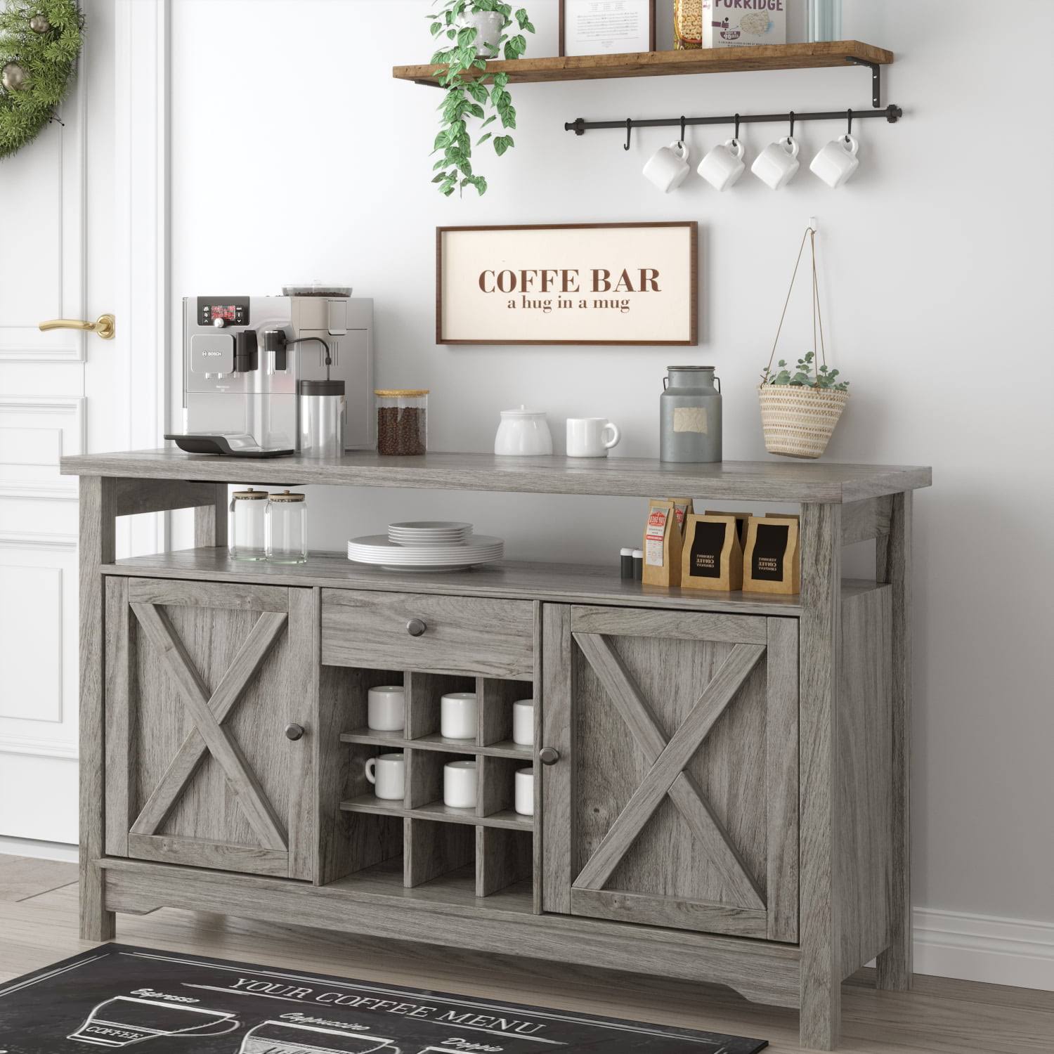 Farmhouse Coffee Bar Cabinet, 47  Kitchen Buffet Storage Cabinet with Barn Door, Liquor Cabinet with Wine Rack, Gray