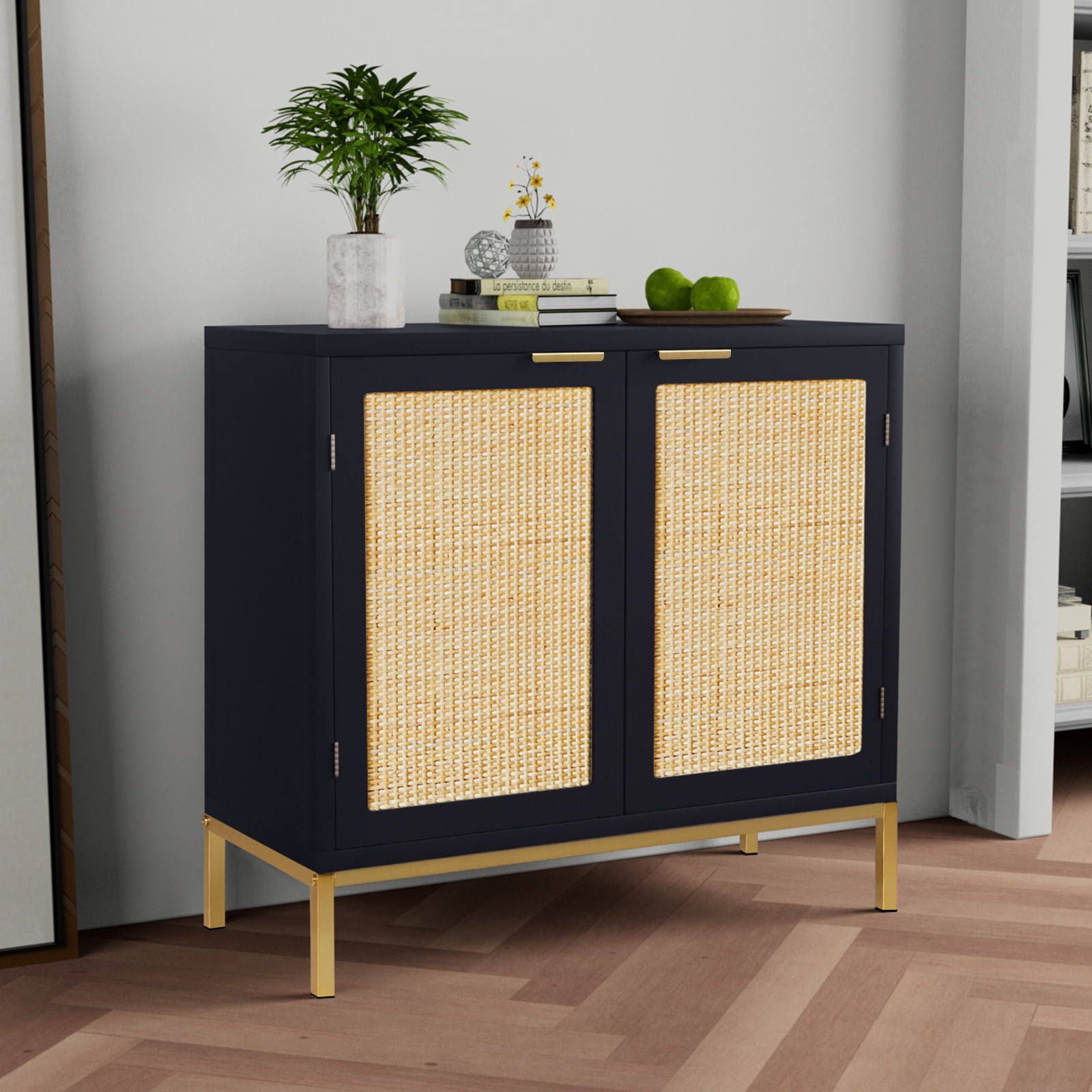 Mid-Century 2-Door Sideboards and Buffet Rattan Cabinets, 31.5 W Black Accent Storage Chest with Shelf Credenzas for Living Room Entryway Dining Room, H0047