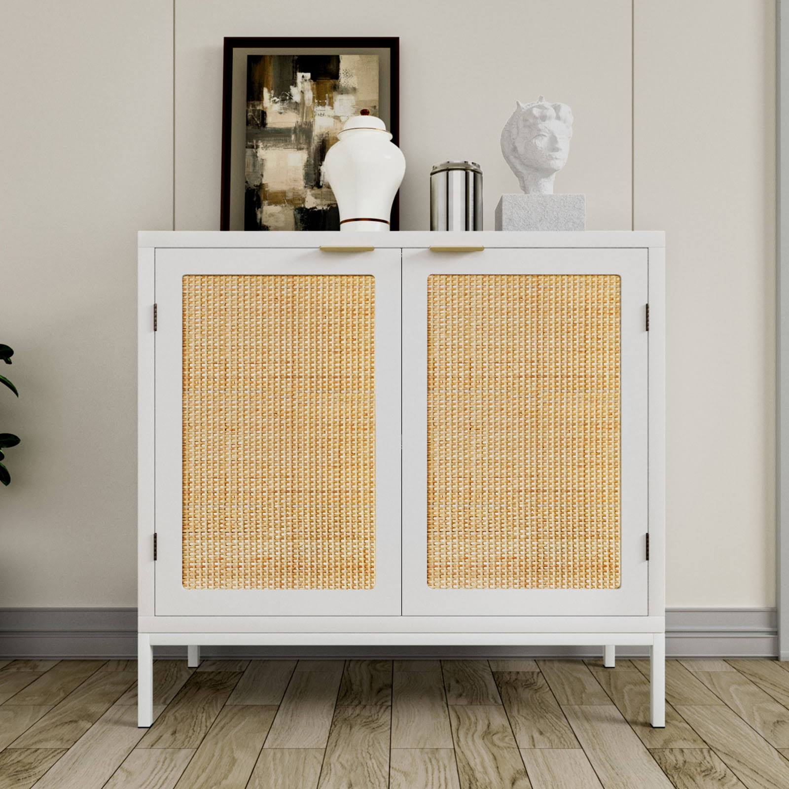 29.3 H Rattan Accent Sideboards and Buffet Cabinet Storage Cupboard, Kitchen Storage Cabinets and Buffets Dining Bedroom,White H0012