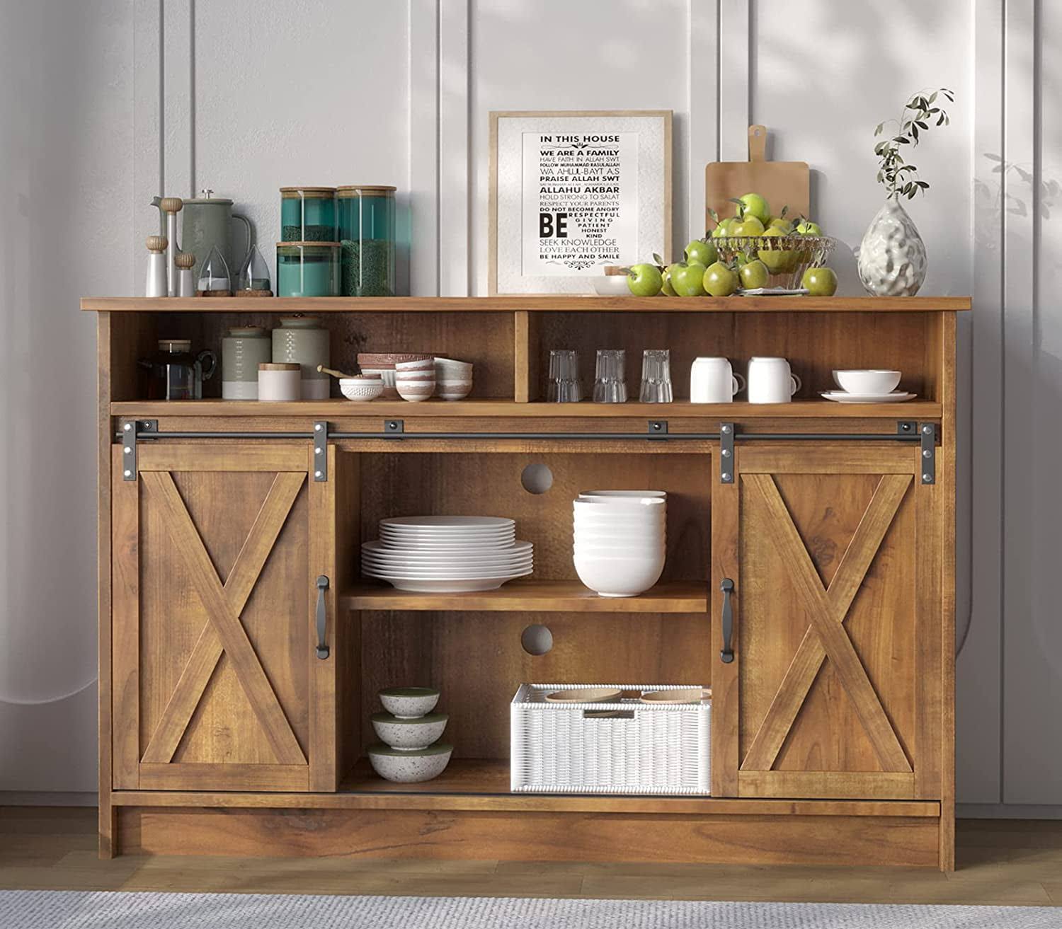 Farmhouse Bar Cabinet with Sliding Barn Doors, 52  Buffet Storage Sideboard with 4 Adjustable Shelves, Rustic Brown