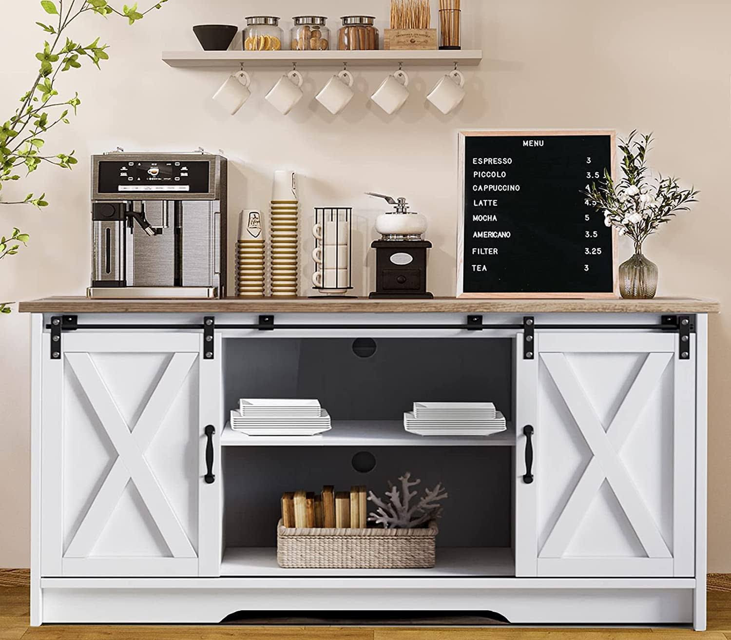 Farmhouse Coffee Bar Cabinet with Storage, 58閳ユ瑢姗瀠ffet Sideboard Cabinet with Sliding Barn Doors and 2 Adjustment Shelves, Kitchen Sideboard Cabinet for Dining Living Room