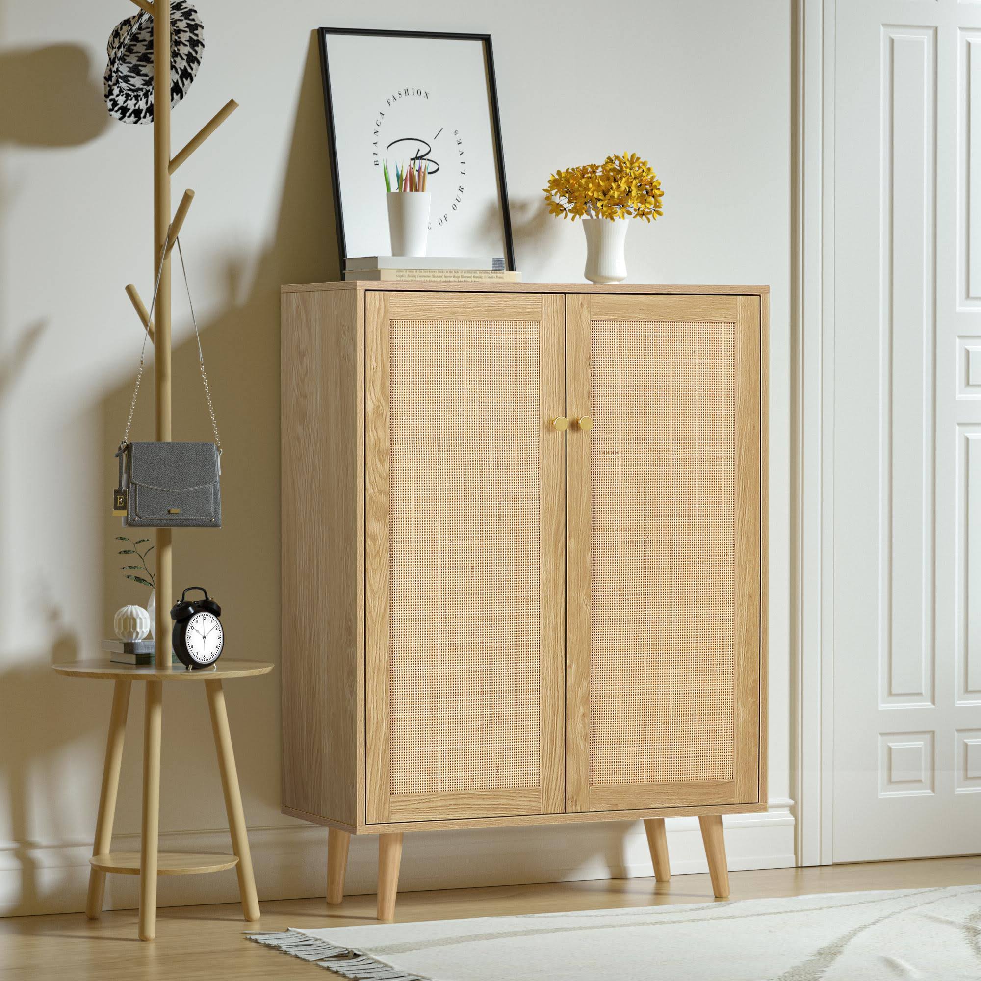 Eumyviv 44  H Tall Sideboards and Buffets with 2 Door Rattan Cabinet, Rustic Oak Color Entryway Storage Chest Wood Accent Credenzas Table for Living Room, H0030
