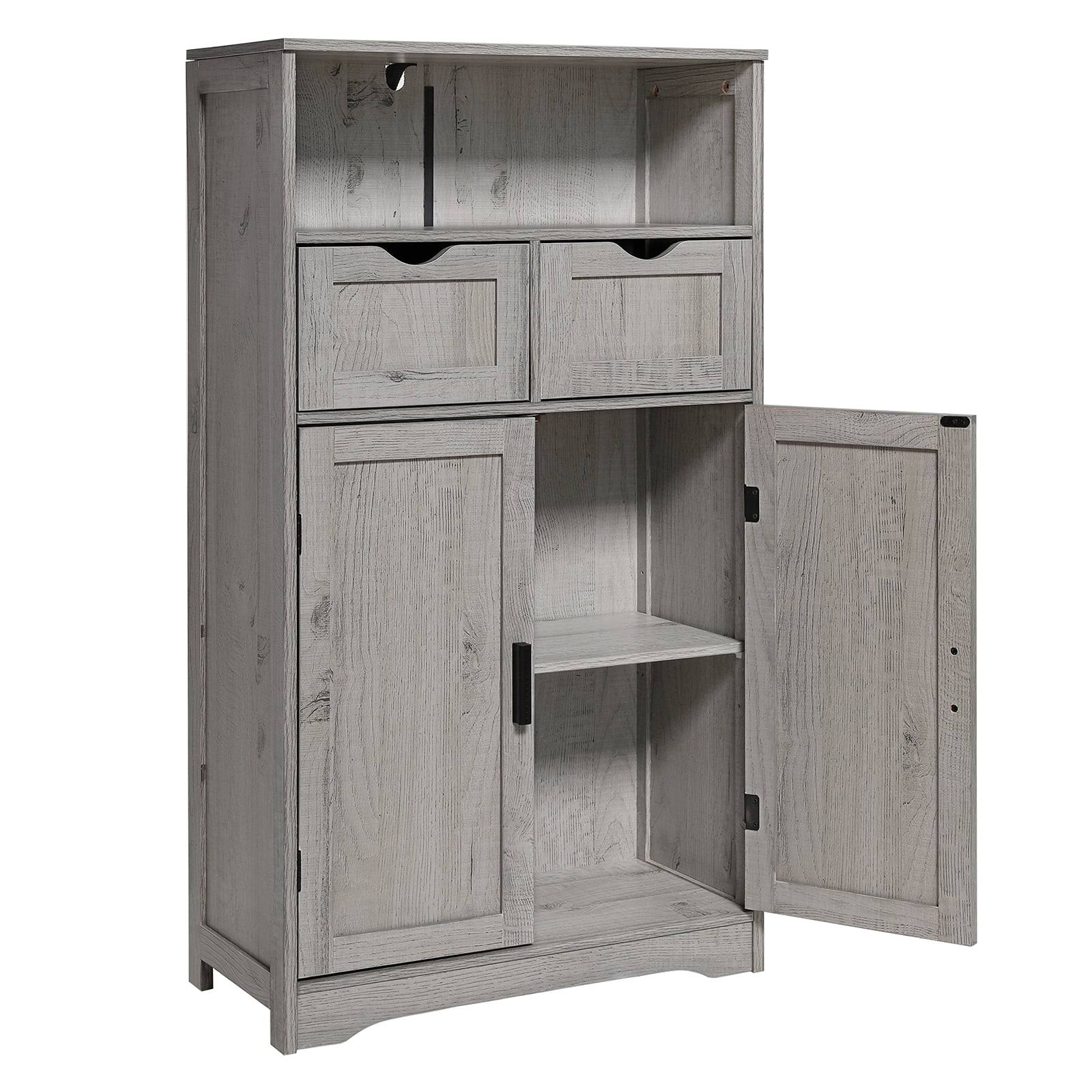 IWELL Large Storage Cabinet, Bathroom Storage Cabinet with 2 Drawers   2 Shelves, Floor Cabinet for Living Room, Bedroom, Home Office, Grey
