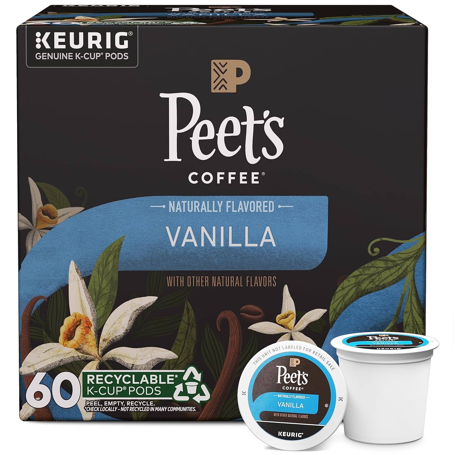 Peet s Coffee, Vanilla   Flavored Coffee   60 K-Cup Pods for Keurig Brewers (6 boxes of 10 pods), Light Roast