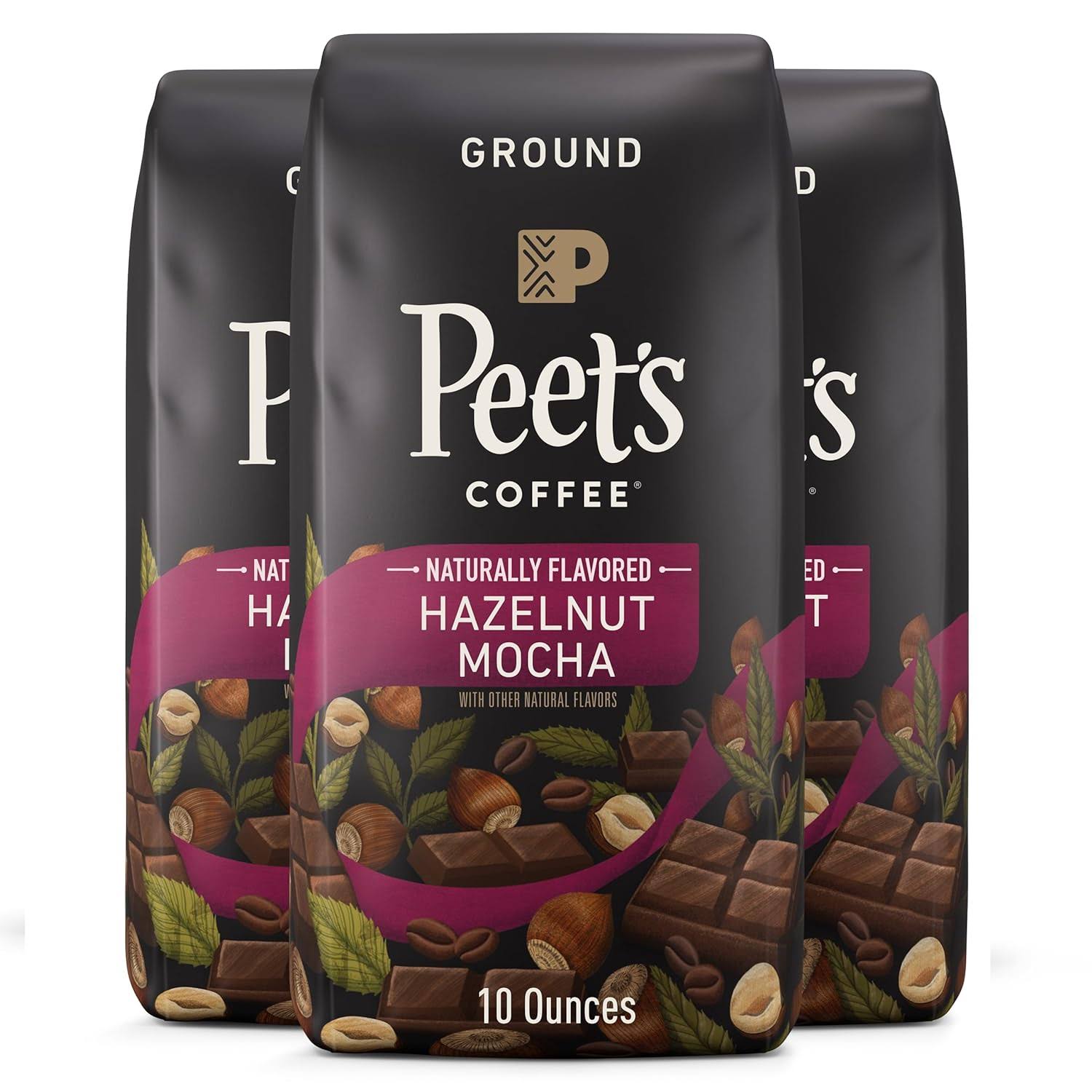 Peet s Flavored Coffee, Hazelnut Mocha Ground Coffee, 30 Ounces (Three Bags of 10oz), Light Roast