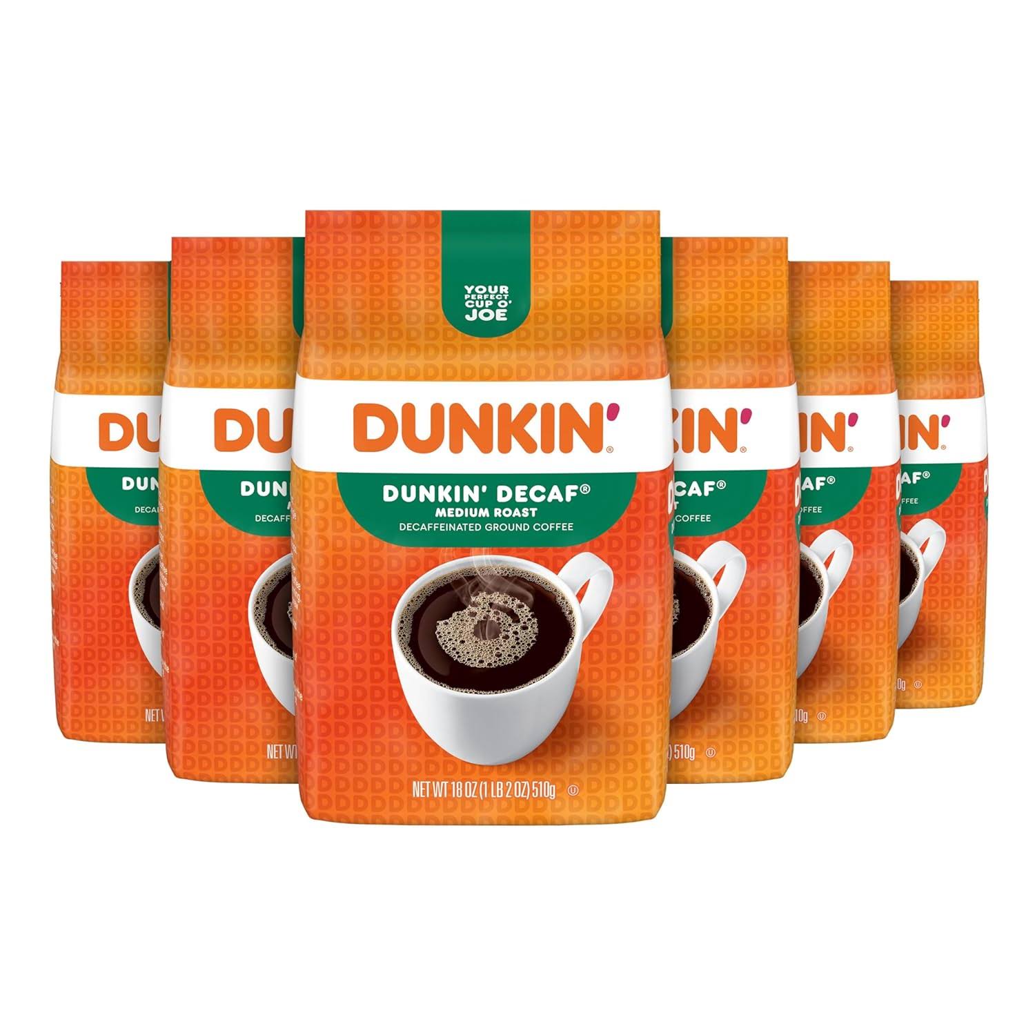Dunkin  Decaf Medium Roast Decaffeinated Ground Coffee, 18 Ounce (Pack of 6)
