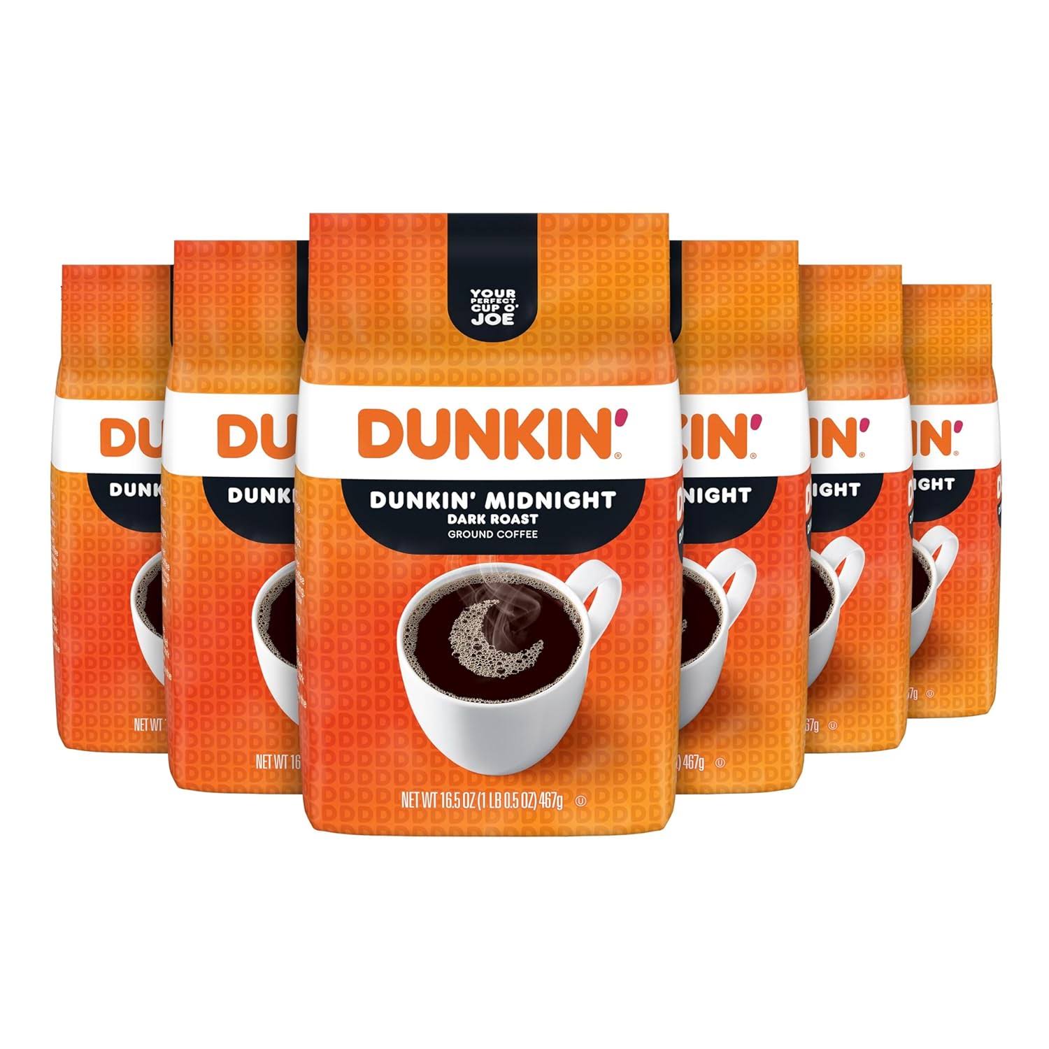 Dunkin  Midnight Dark Roast Ground Coffee, 16.5 Ounce (Pack of 6)