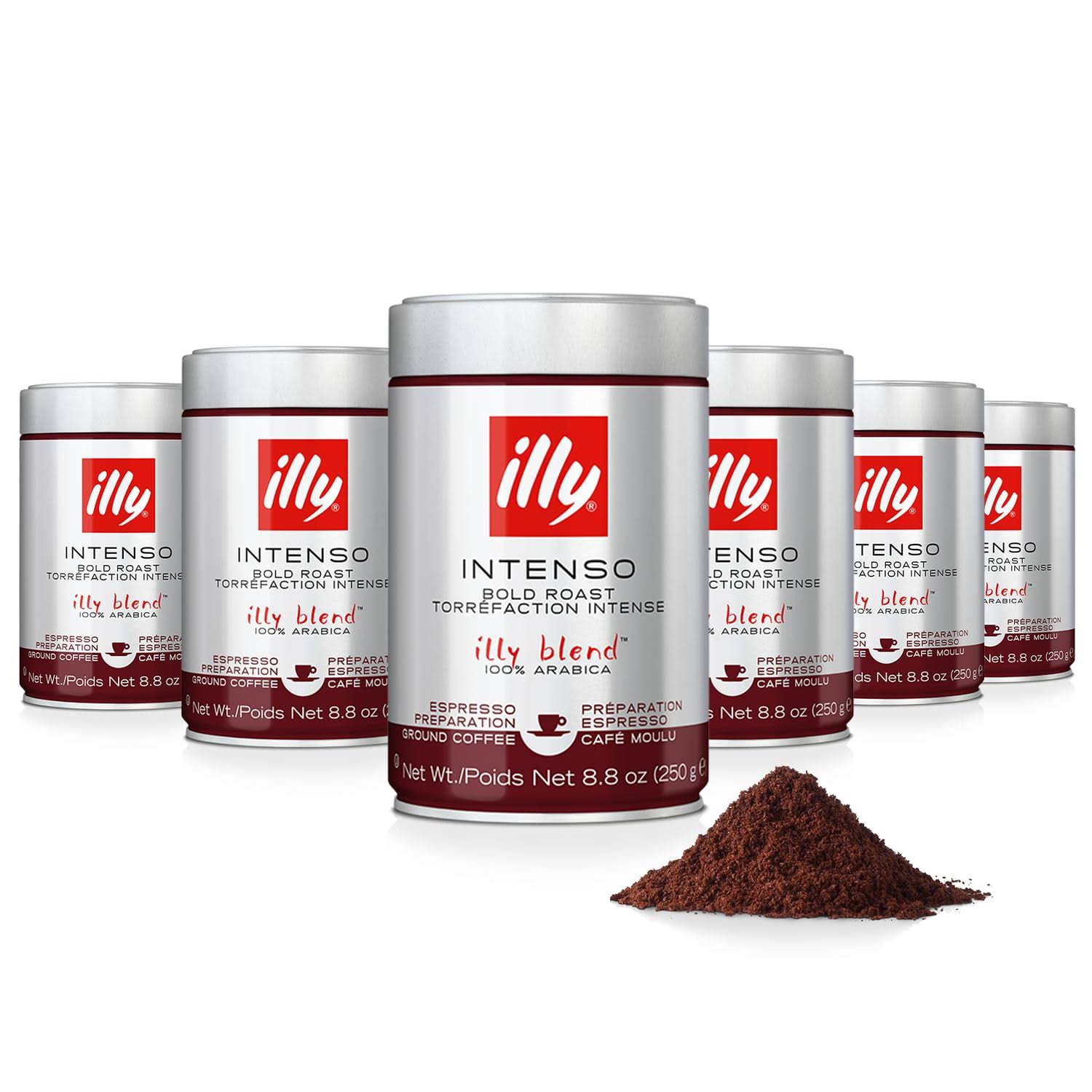 illy Ground Coffee Espresso   100% Arabica Coffee Ground – Intenso Dark Roast – Warm Notes of Cocoa   Dried Fruit   Rich Aromatic Profile   Precise Roast   No Preservatives – 8.8 Ounce, 6 Pack