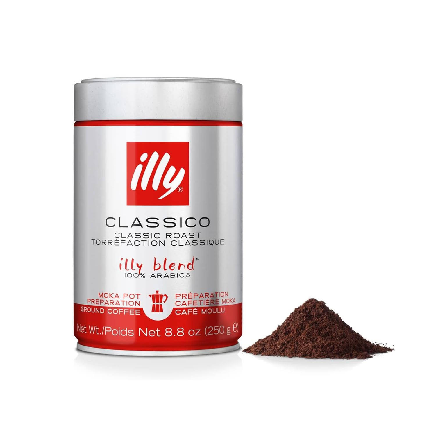 illy Ground Coffee Moka   100% Arabica Coffee Ground   Rich Aromatic Coffee Grounds – Classico Medium Roast   Notes of Caramel, Orange Blossom   Jasmine   No Preservatives – 8.8 Ounce, 12 Pack