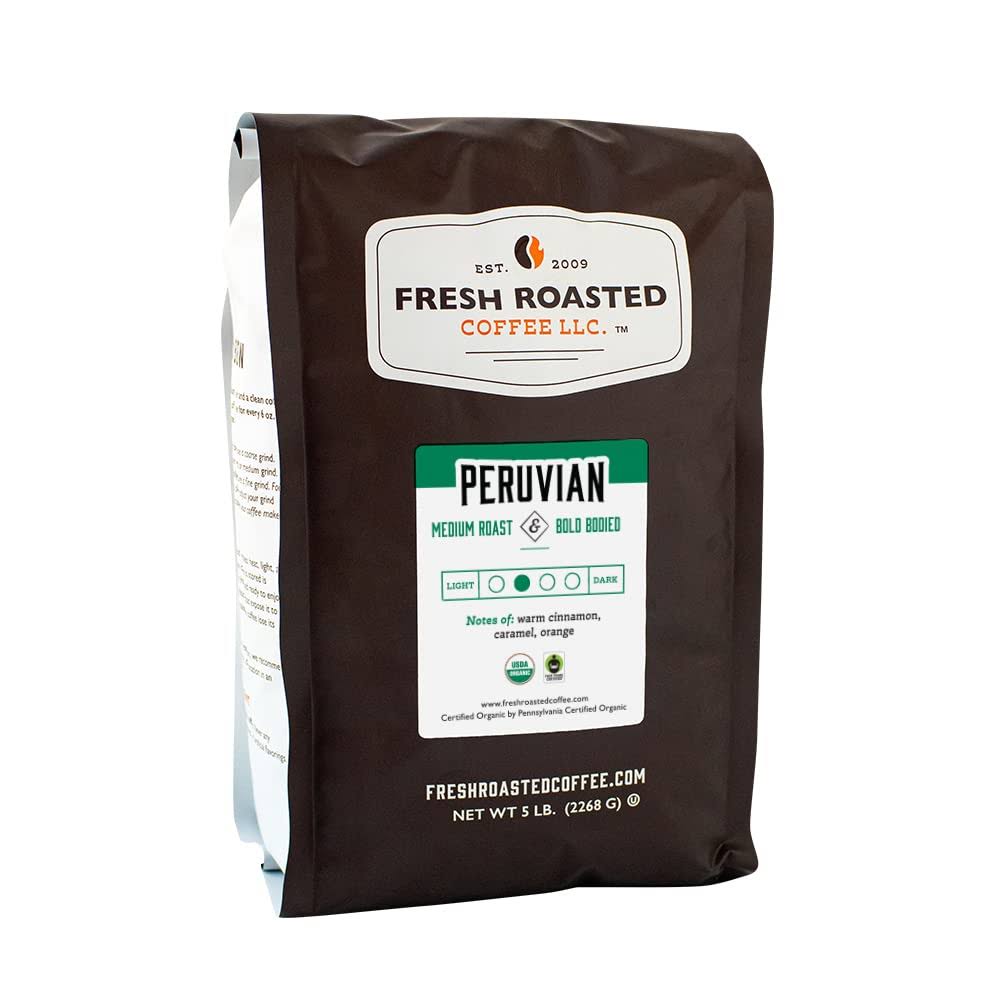 Fresh Roasted Coffee, Fair Trade Organic Peruvian, 5 lb (80 oz), Medium Roast, Kosher, Ground
