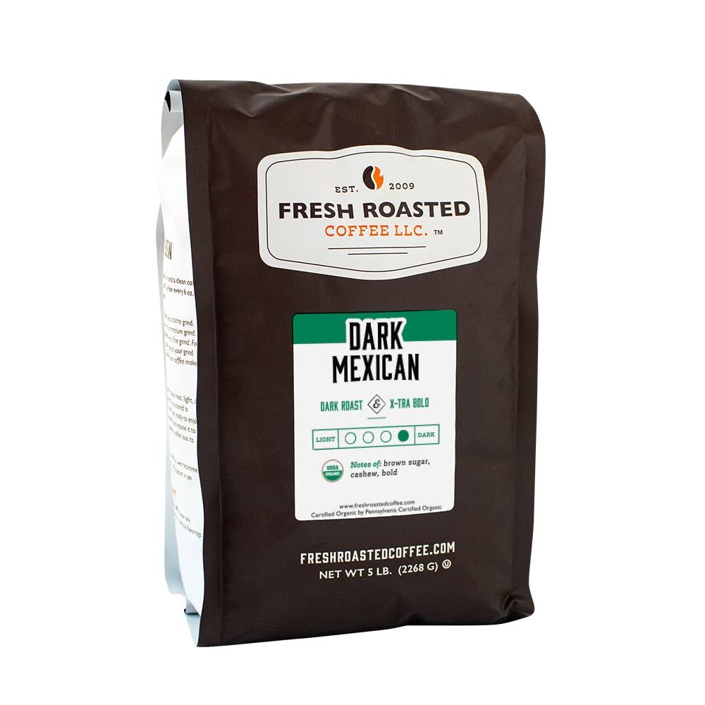 Fresh Roasted Coffee, Organic Dark Mexican, 5 lb (80 oz), Dark Roast, Mold   Mycotoxin Tested, Kosher, Ground