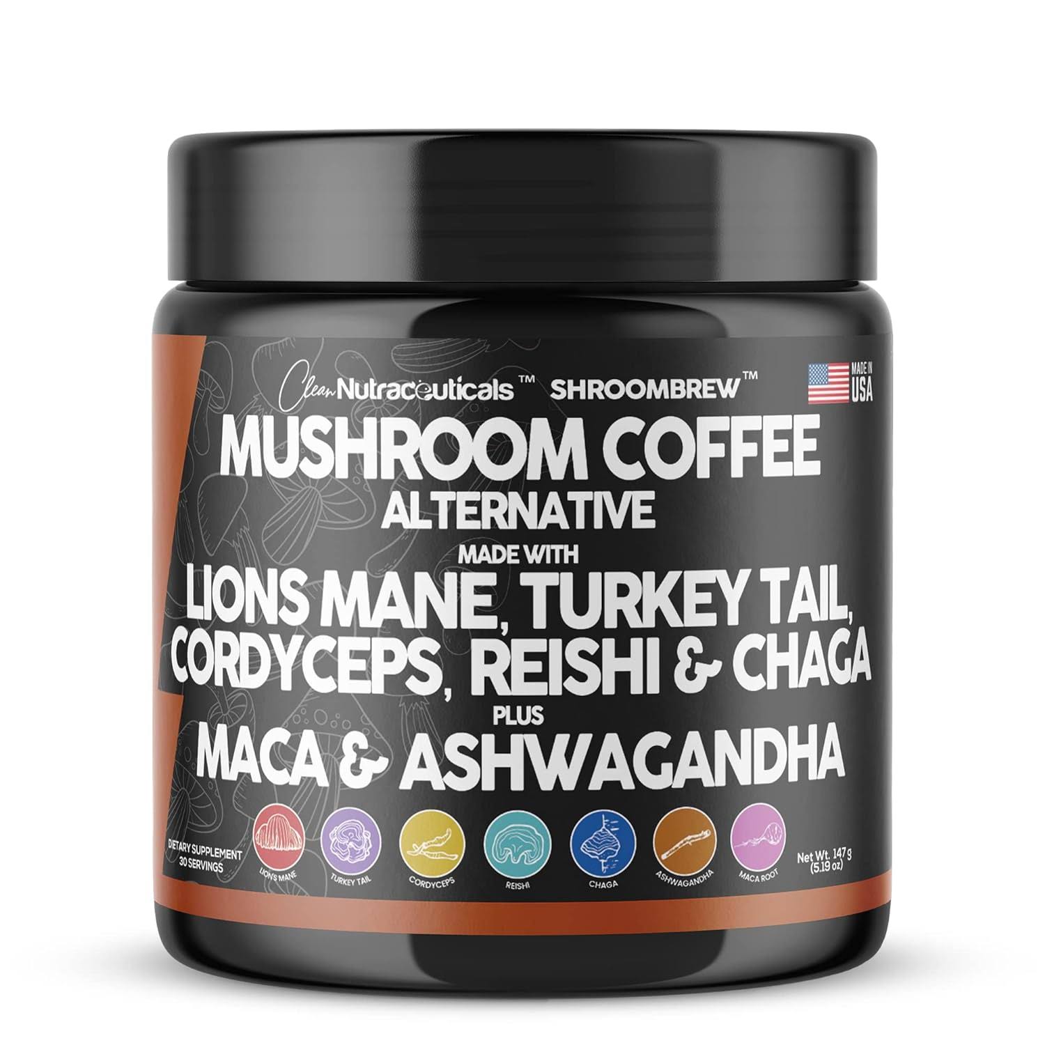 Clean Nutraceuticals Mushroom Coffee Alternative Mix   Maca Coffee with Lions Mane Mushroom, Cordyceps and Ashwagandha   Cacao Based with Maca Root, Turkey Tail, Chaga and Reishi Mushroom   Instant Coffee Powder USA Made