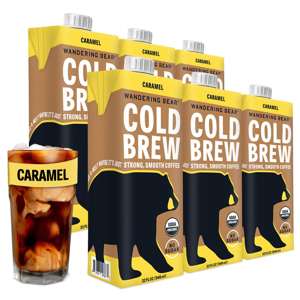 Wandering Bear Organic Caramel Cold Brew Coffee, 32 fl oz, 6 pack   Extra Strong, Smooth, Organic, Unsweetened, Shelf-Stable, and Ready to Drink Iced Coffee, Cold Brewed Coffee, Cold Coffee