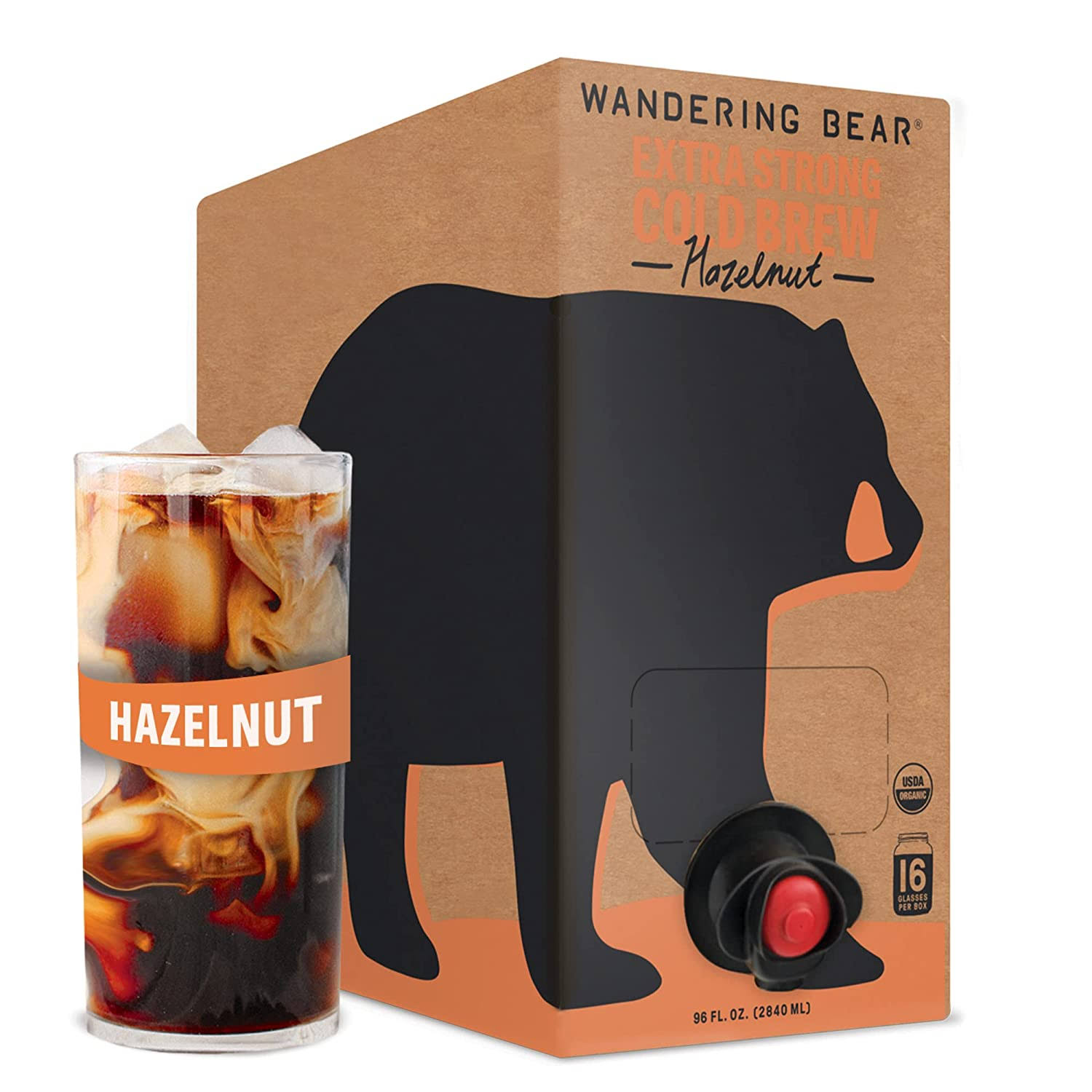 Wandering Bear Organic Hazelnut Cold Brew Coffee On Tap, 96 fl oz   Extra Strong, Smooth, Unsweetened, Shelf-Stable, and Ready to Drink Iced Coffee, Cold Brewed Coffee, Cold Coffee