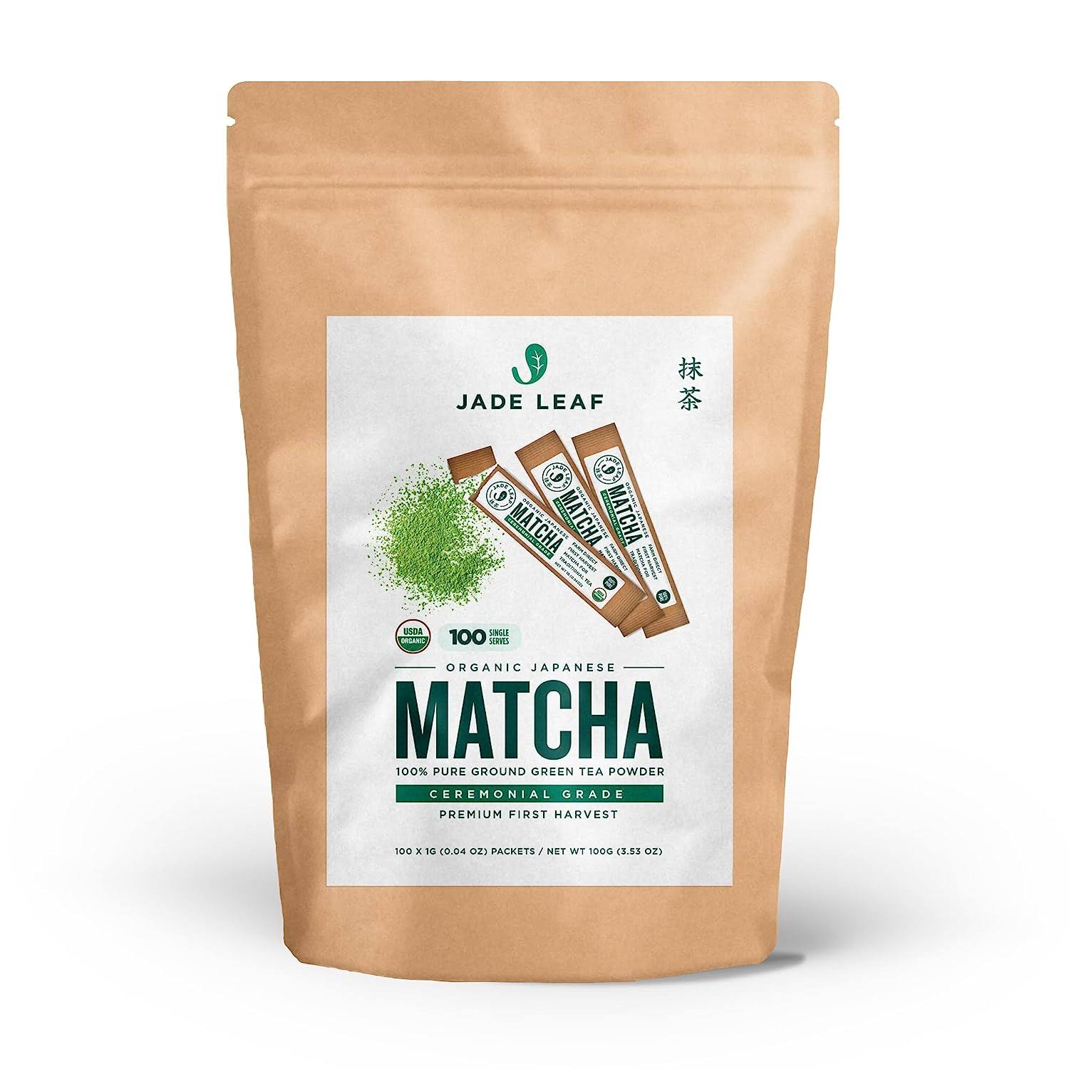 Jade Leaf Matcha Organic Ceremonial Grade Green Tea Powder   Farm Direct First Harvest   Single Serve Stick Packs   Authentic Japanese Origin (100 Count Single Serve Stick Pack Box)