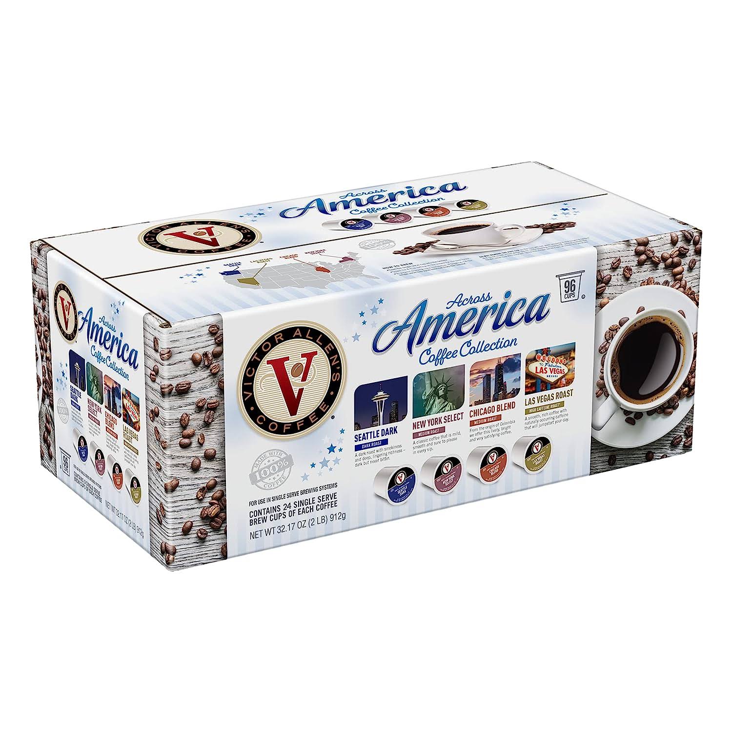 Victor Allen s Coffee Across America Variety Pack (Seattle Dark, New York Select, Chicago Blend, Las Vegas Roast), 96 Count, Single Serve Coffee Pods for Keurig K-Cup Brewers