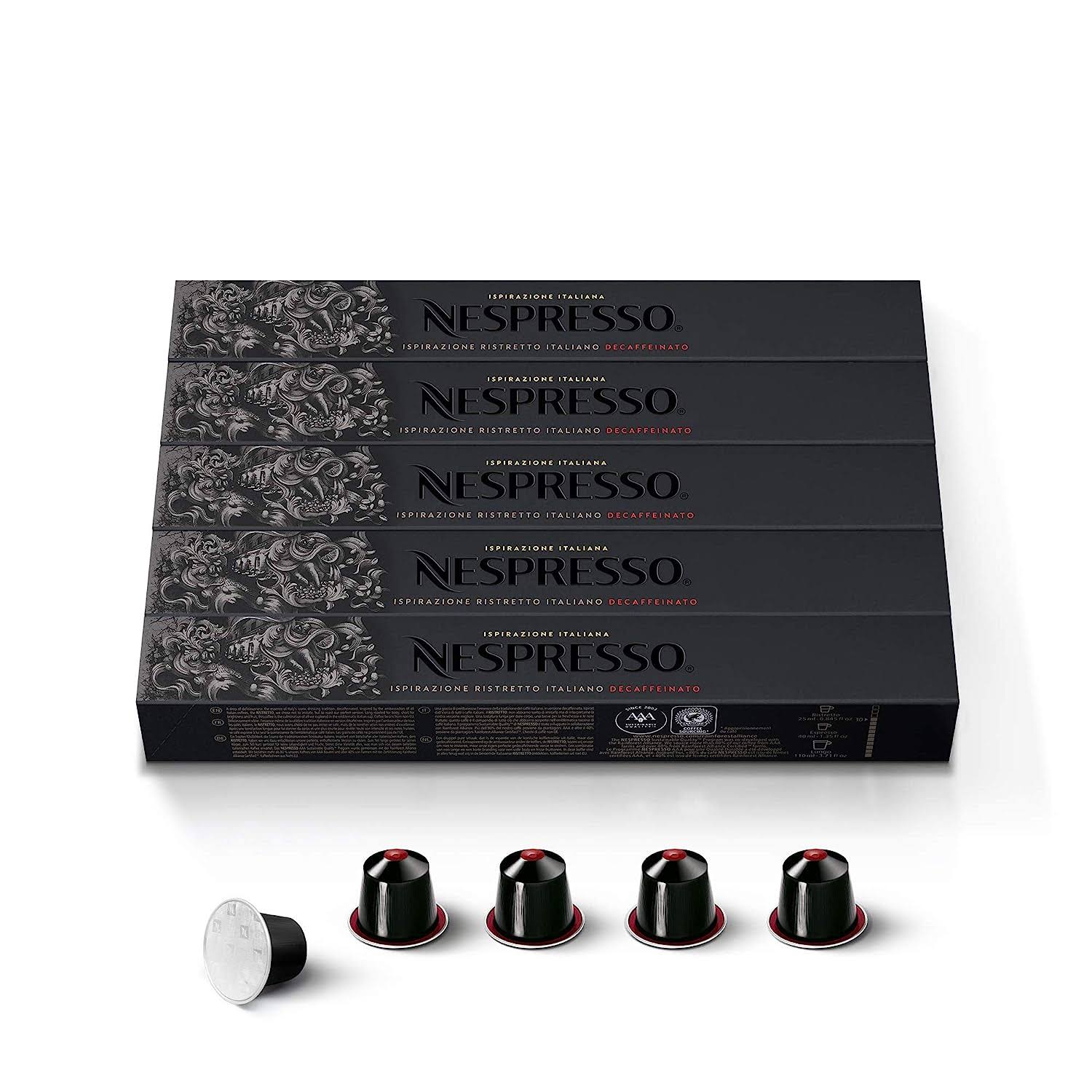 Nespresso Capsules OriginalLine, Ristretto Decaffeinato, Dark Roast Coffee, 50 Count Coffee Pods, Brews 0.85 Ounce (ORIGINALLINE ONLY), 10 Count (Pack of 5)