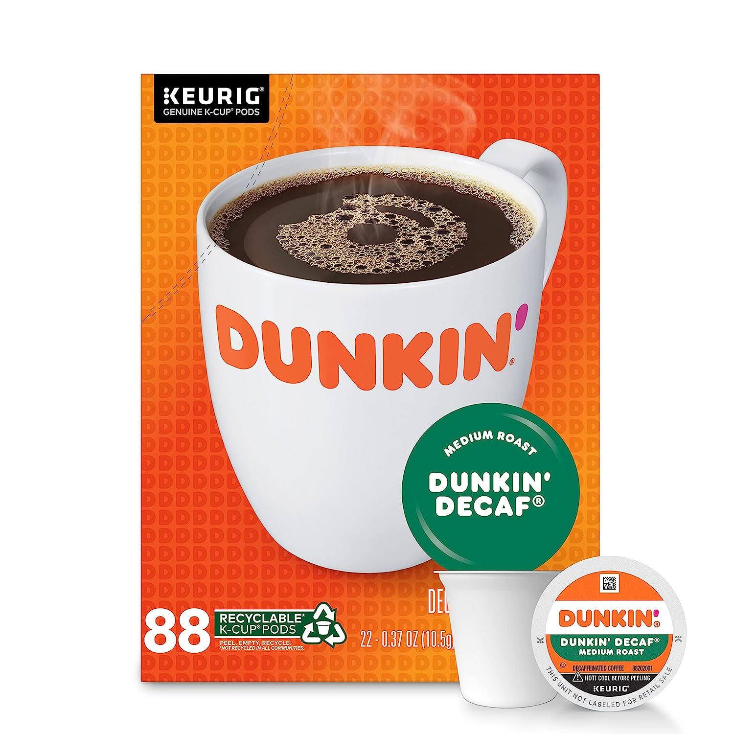 Dunkin  Decaf Medium Roast Coffee,Keurig K-Cup Pods, 22 Count (Pack of 4)
