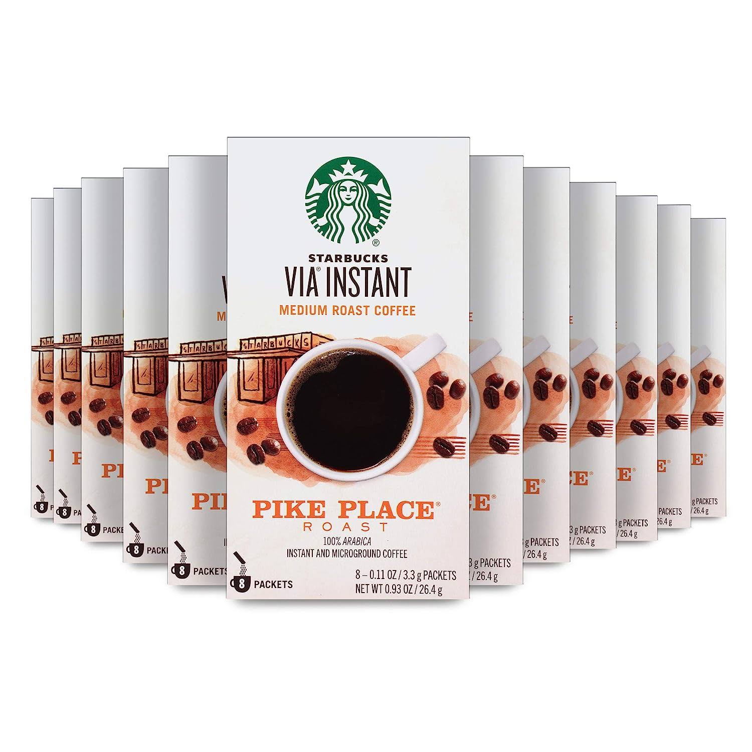 Starbucks VIA Instant Coffee Medium Roast Packets — Pike Place Roast — 100% Arabica   8 Count (Pack of 12)