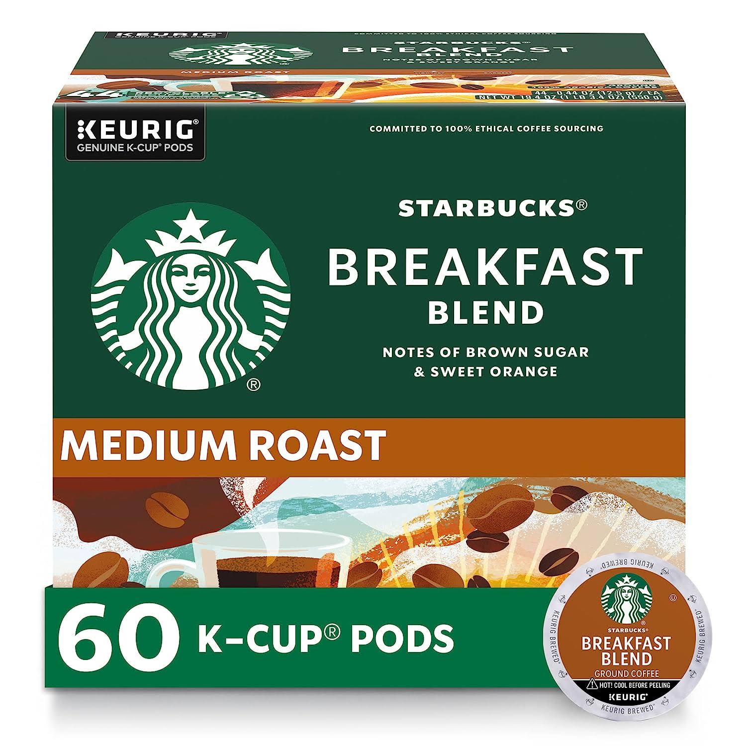 Starbucks K-Cup Coffee Pods—Medium Roast Coffee—Breakfast Blend for Keurig Brewers—100% Arabica—6 boxes (60 pods total)