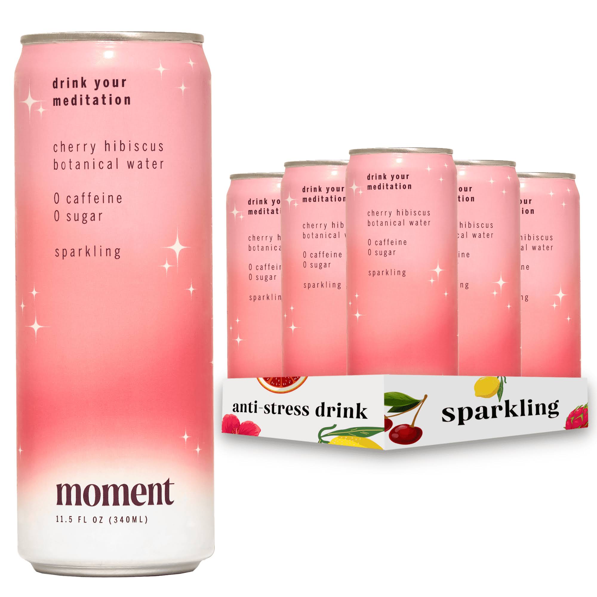 Moment Botanical Water, Cherry Hibiscus, Sparkling, Zero Added Sugar, 12-Pack, 11.5 fl oz
