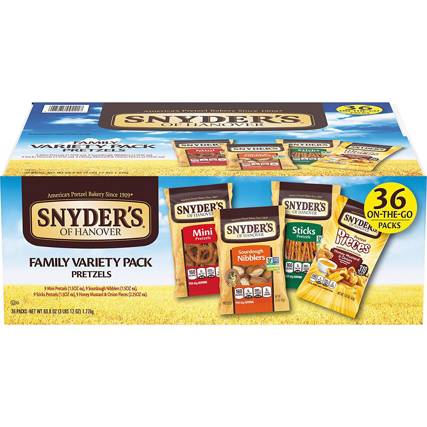 Snyder s of Hanover Pretzels Variety Pack, 4 Flavors, 36 Individual Snack Bags