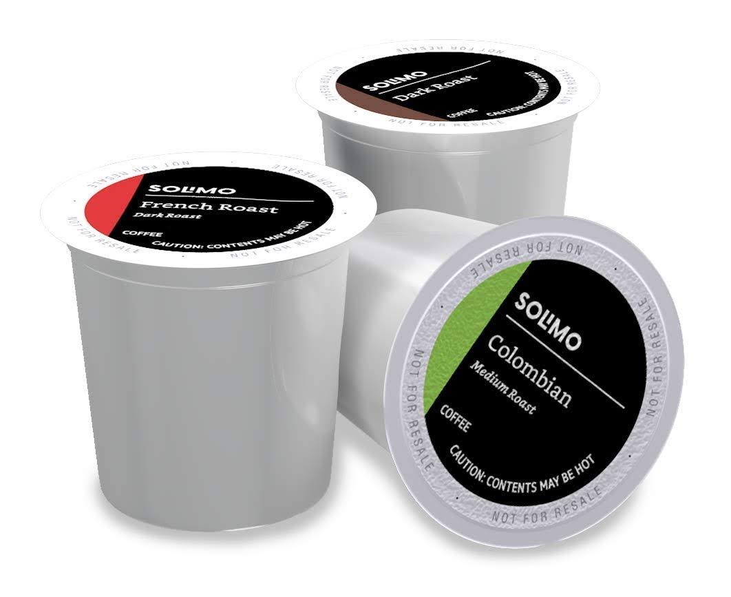 Solimo Medium and Dark Roast Coffee Pods Assorted pack (French, Dark, Colombian) single serve cups, 100 ct