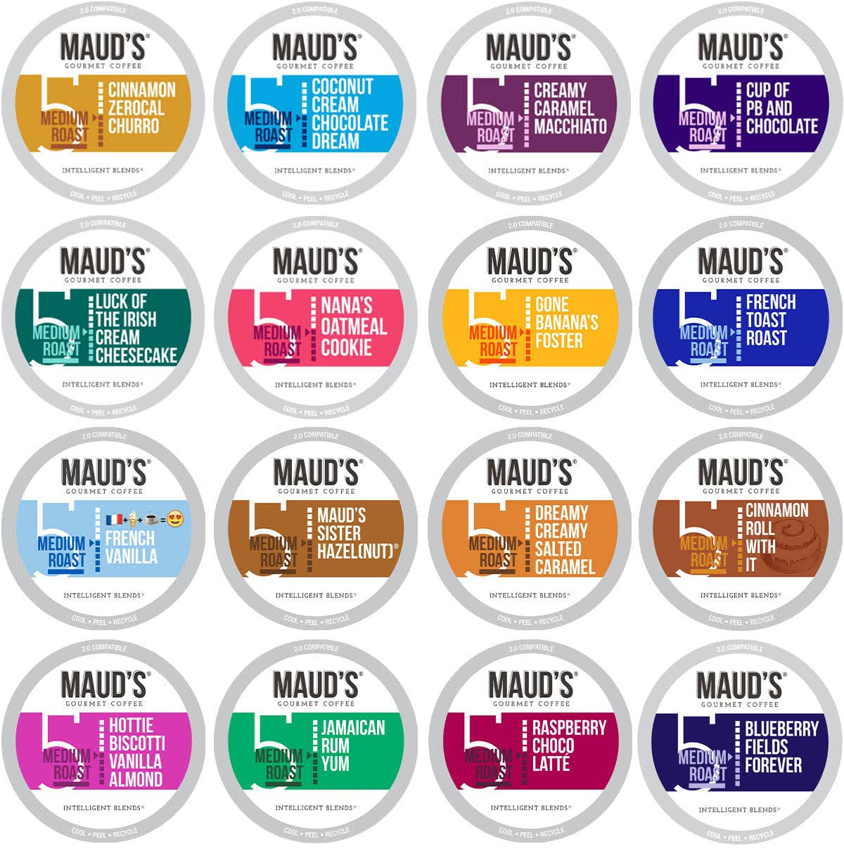 Maud s Super Flavored Coffee Variety Pack, 80ct. Solar Energy Produced Recyclable Single Serve Flavored Coffee Pods Jam-Packed with 16 Flavors   100% Arabica Coffee California Roasted, KCup Compatible