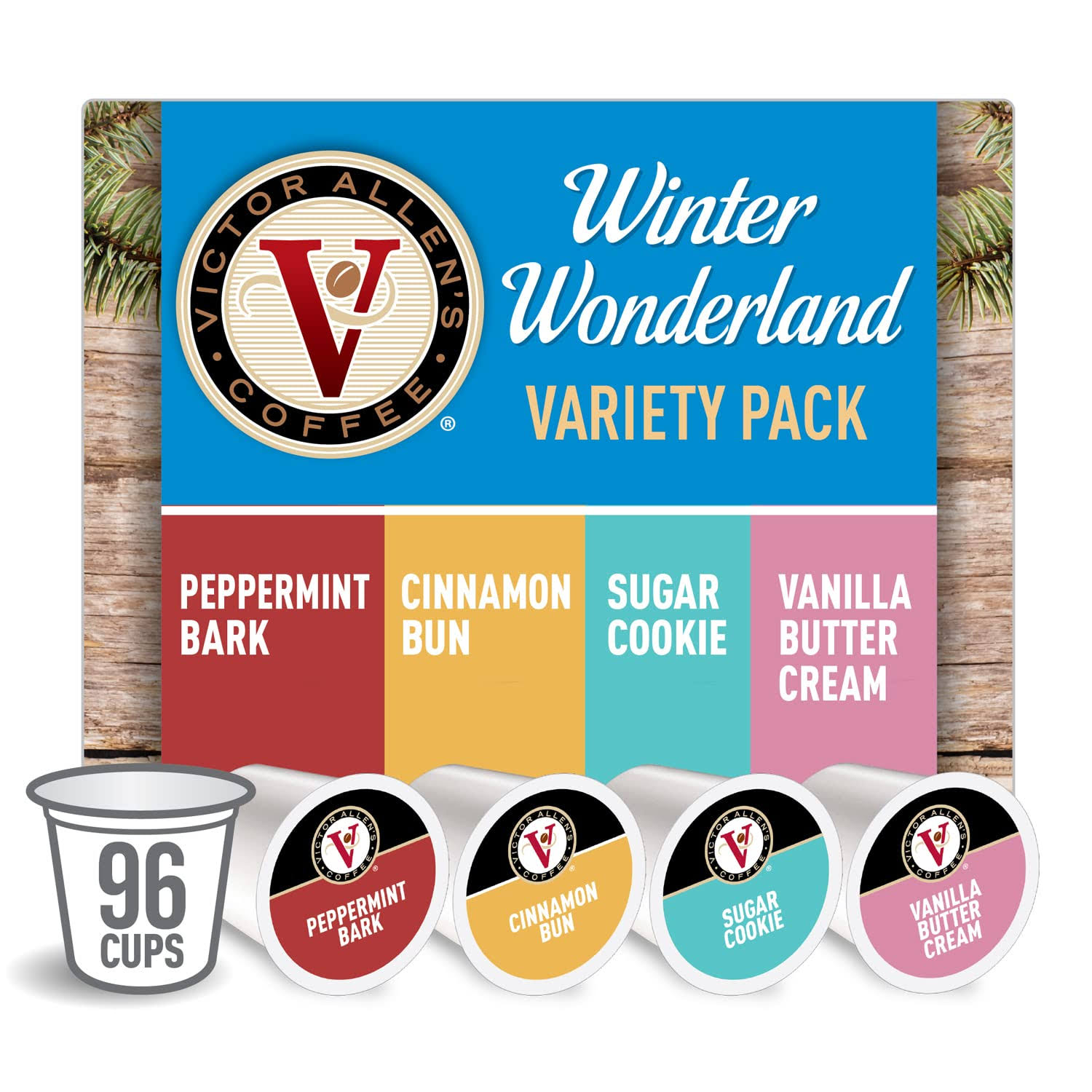 Victor Allen s FG014973 Coffee Flavored Variety Pack, Peppermint Bark, Cinnamon Bun, Sugar Cookie, Vanilla Buttercream, Single Serve Coffee Pods for Keurig K-Cup Brewers, Winter Wonderland, 96 Count