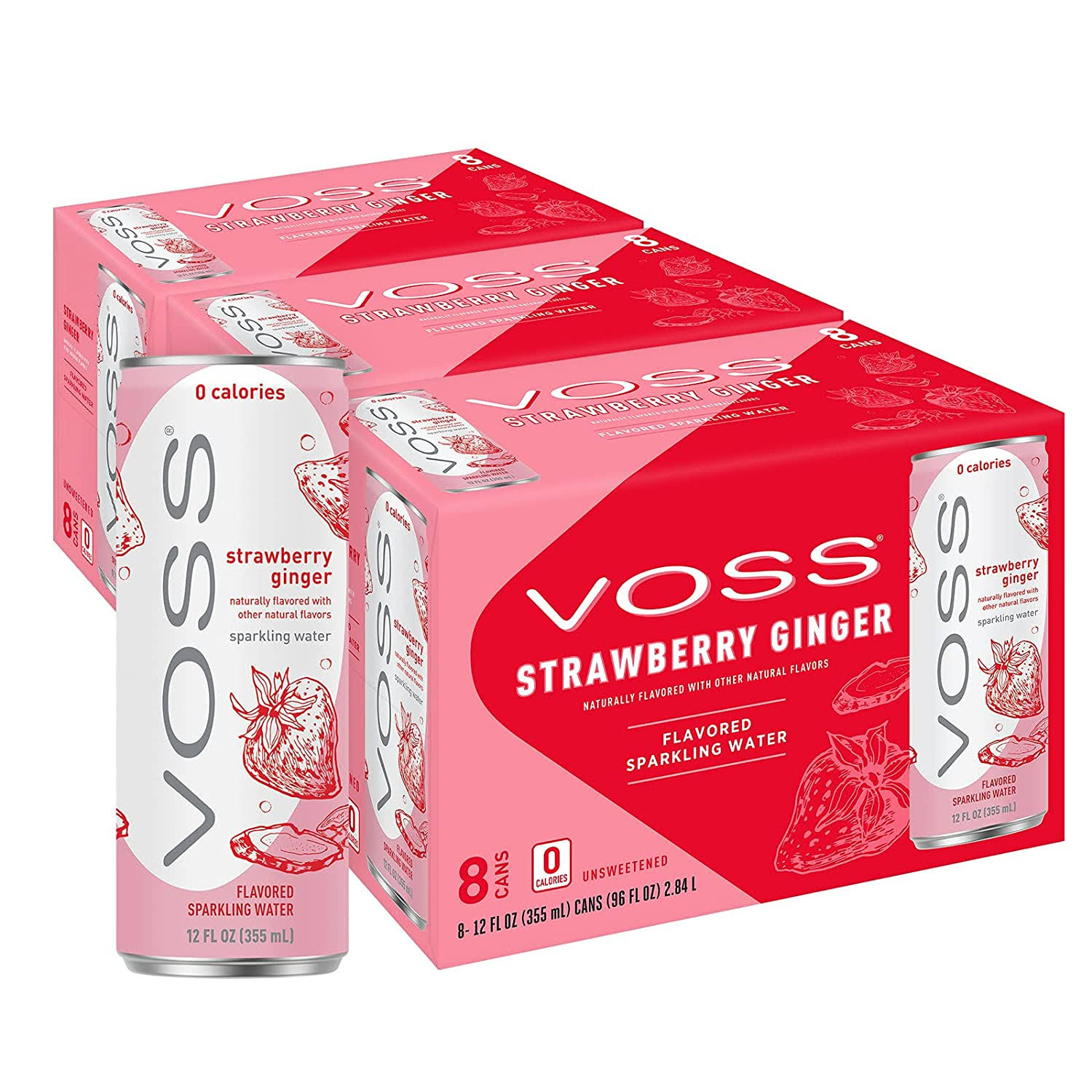 VOSS Strawberry Ginger Flavored Sparkling Water, 355ml Cans (Pack of 24)