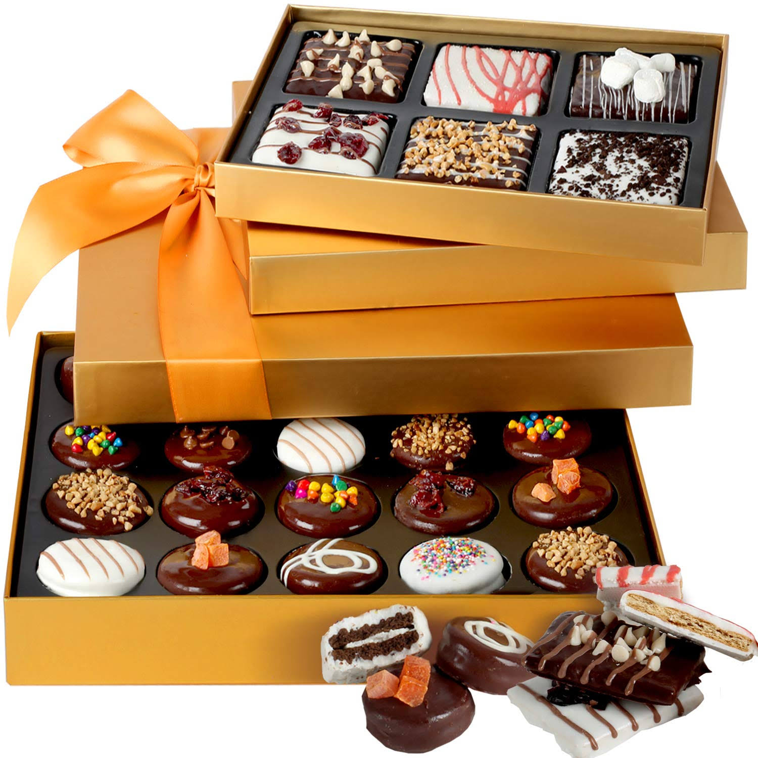 Hazel   Creme Chocolate Tower Gift Basket   Chocolate Covered Cookies   Chocolate Covered Graham Cracker
