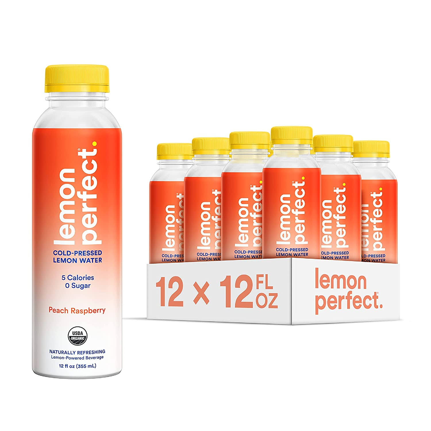 Lemon Perfect, Organic Cold-Pressed Lemon Water, Flavored Water, Peach Raspberry (12-Pack)