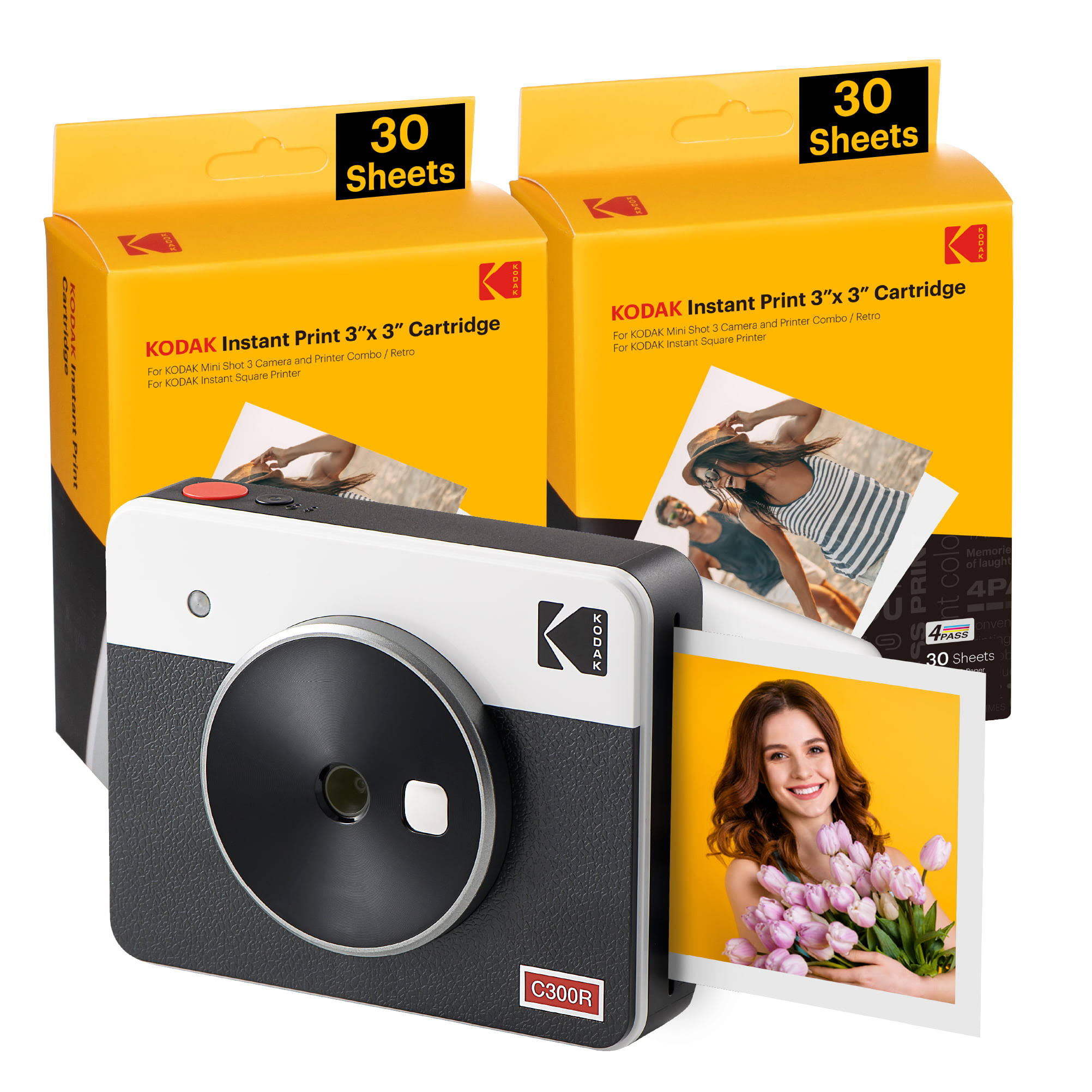 KODAK Mini Shot 3 Retro 4PASS 2-in-1 Instant Camera and Photo Printer (3 3 inches) + 68 Sheets Bundle, White