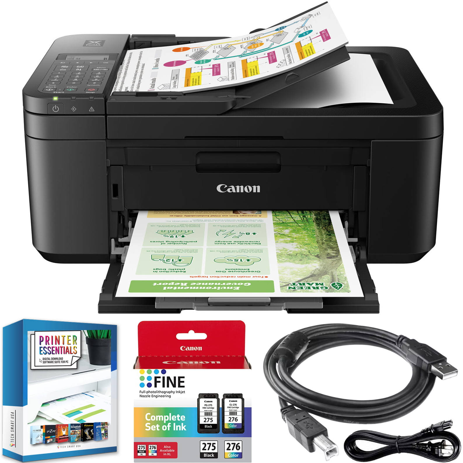 PIXMA TR4720 All-in-One Wireless Printer with Auto Document Feeder, Mobile Printing, Copy, Fax and Scanner Black 5074C002 Bundle with DGE USB Connection Cable + Small Business Software Kit