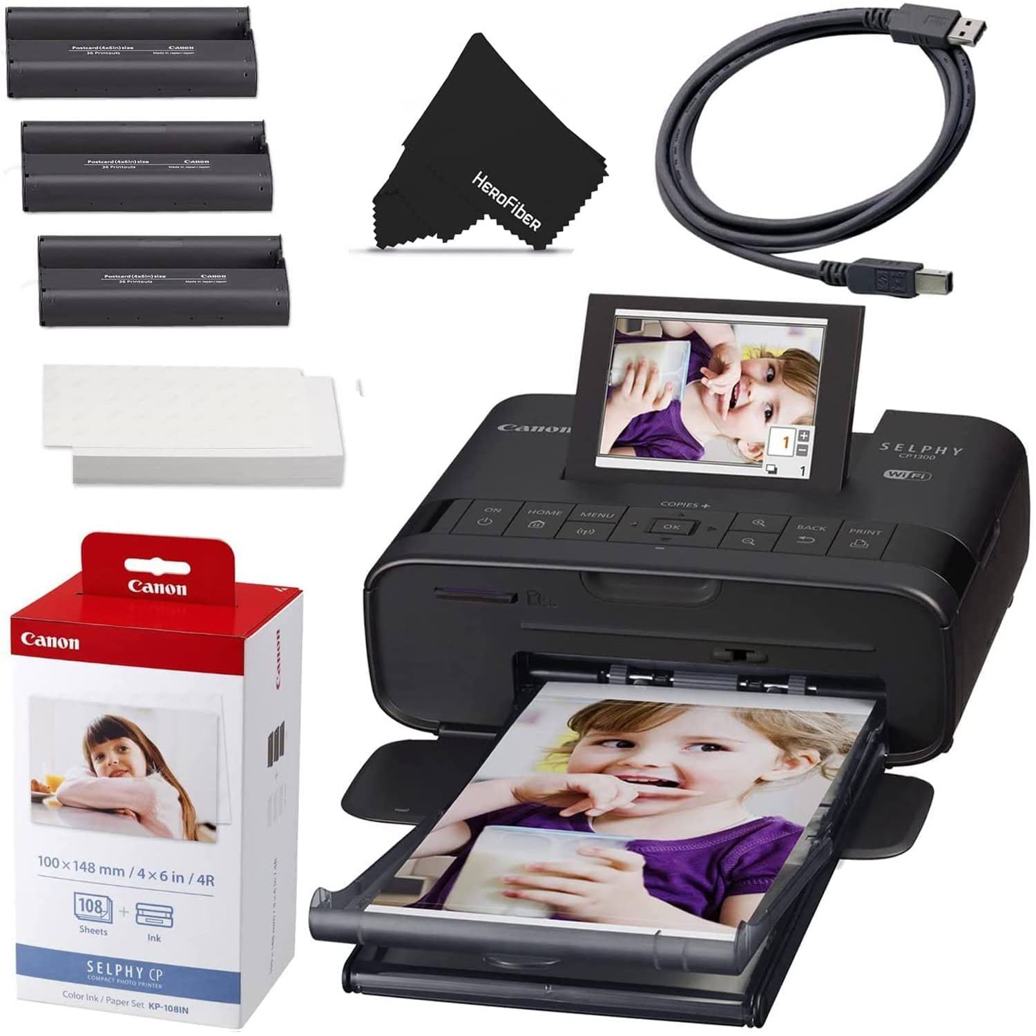 SELPHY CP1300 Wireless Portable Photo Printer with Color Ink   108 Paper Sheets Set, USB Cable   Cleaning Cloth   Inkjet Laser 4 6 Label, Air Print app, LCD Screen, 1-Year Warranty