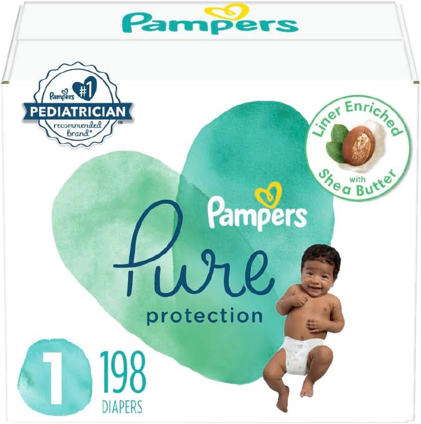 Pampers Pure Protection Diapers   Size 1, One Month Supply (198 Count), Hypoallergenic Premium Disposable Baby Diapers