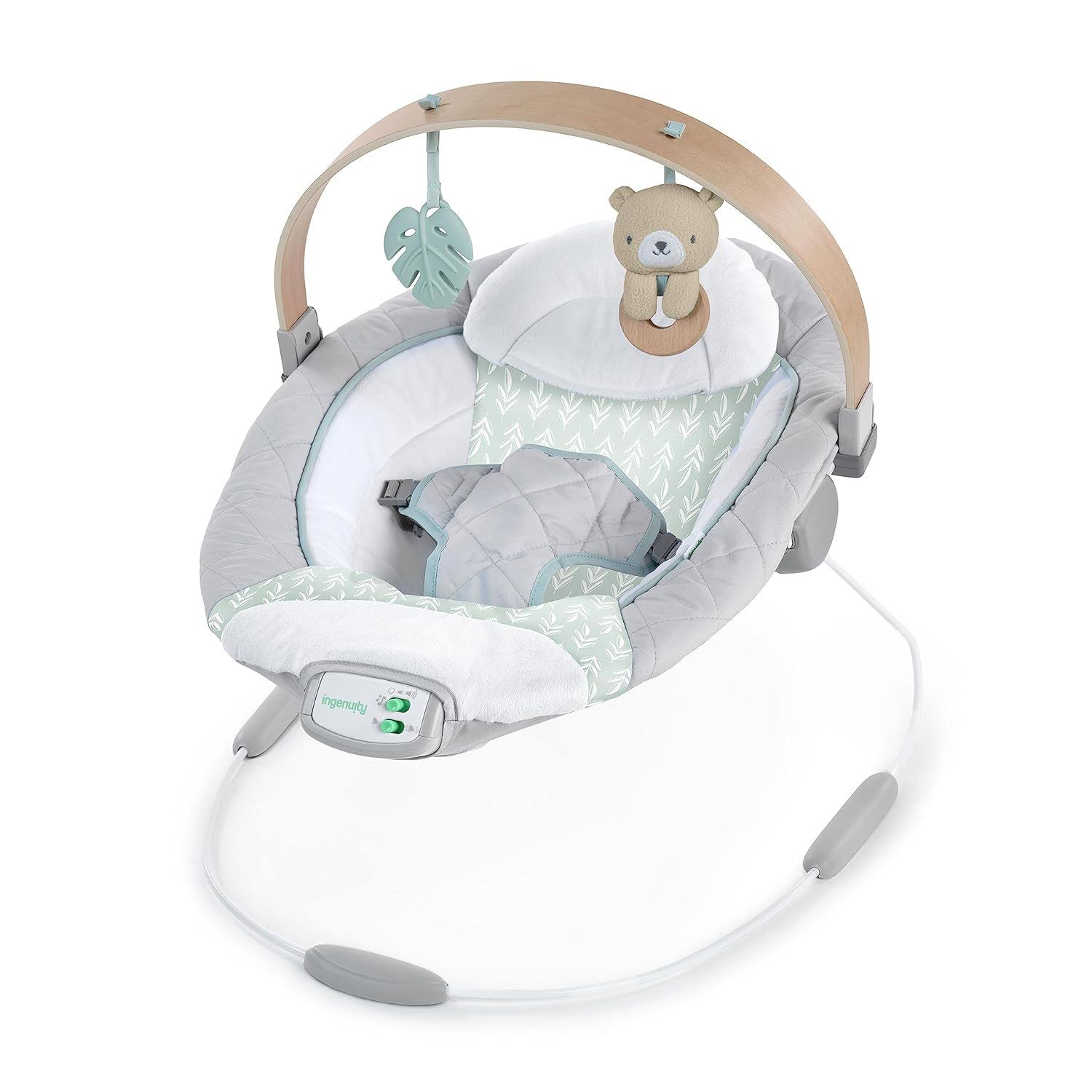 Cozy Spot Soothing Baby Bouncer with Wooden-Toy Arch, Natural Rubber-Toy, Safety Harness, Music   Auto-Shutoff, 0-6 Months, Grey