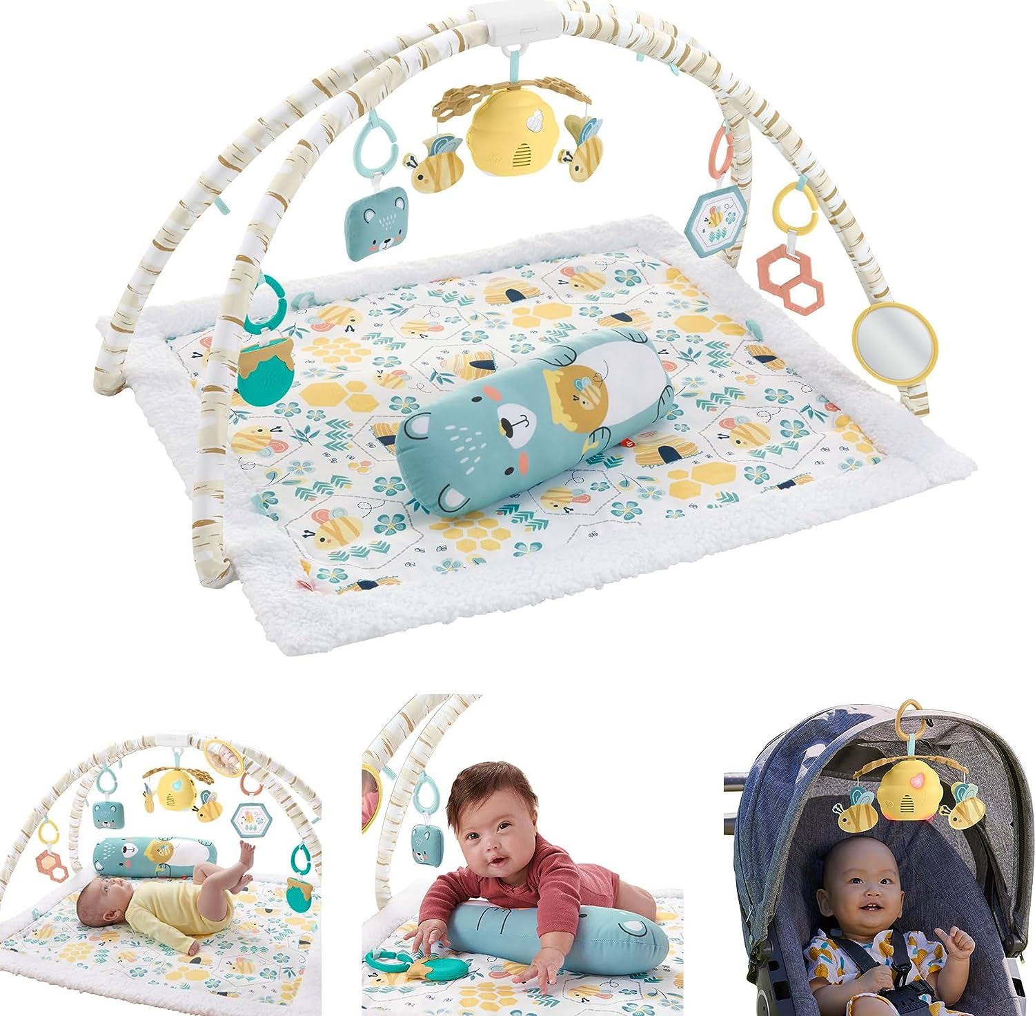 Baby Playmat Honey Bee Music   Lights Activity Gym with Tummy Time Wedge and 6 Sensory Toys For Newborns