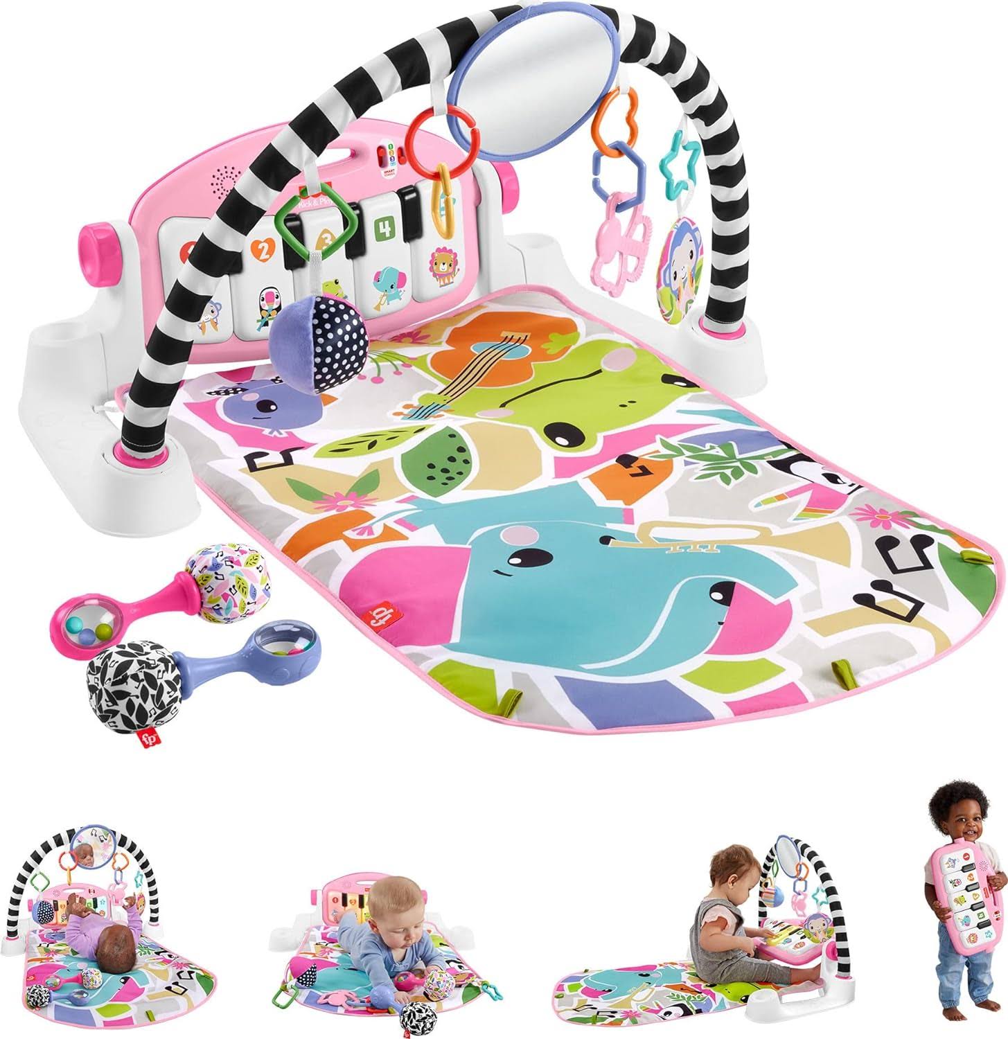 Baby Gift Set Glow and Grow Kick   Play Piano Gym Baby Playmat   Musical Toy with Smart Stages Learning Content, Plus 2 Maracas for Ages 0+ Months, Pink