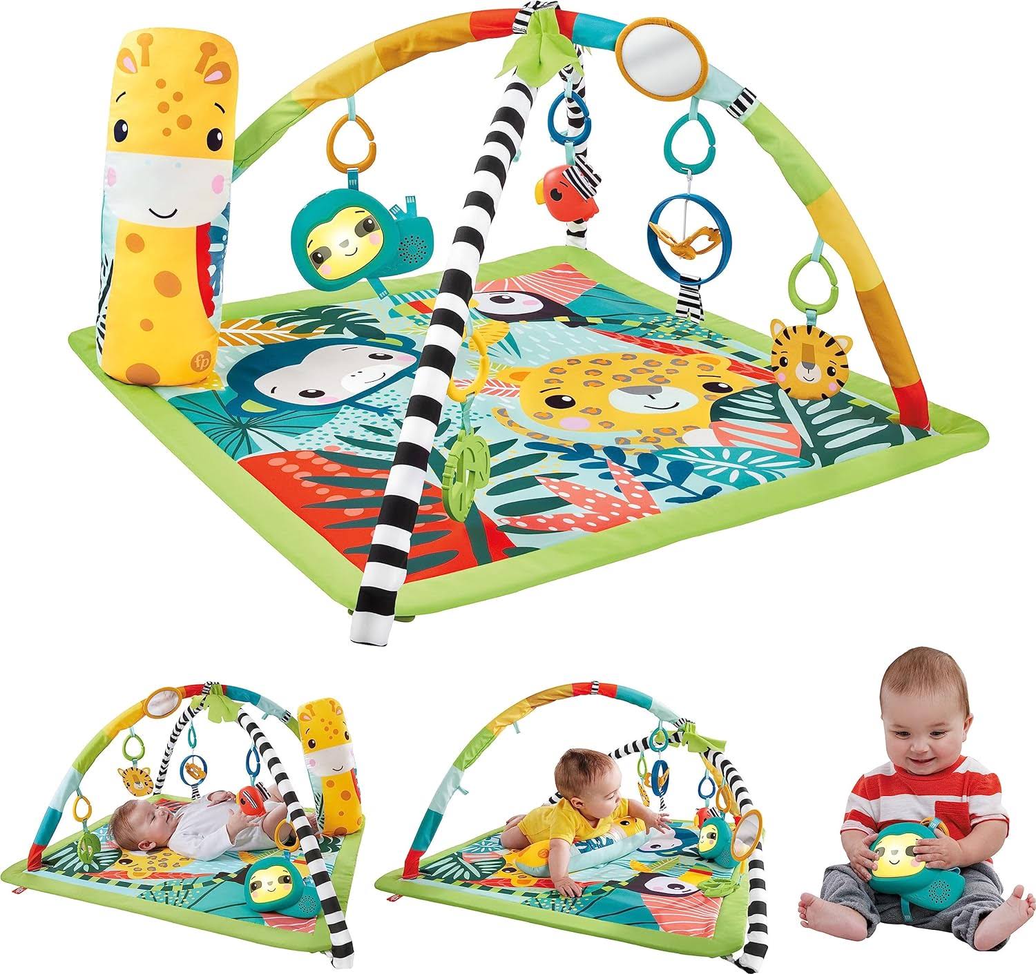 Baby Newborn To Toddler Playmat 3-In-1 Rainforest Sensory Gym with Tummy Wedge,5 Baby Toys and Music   Lights Sloth
