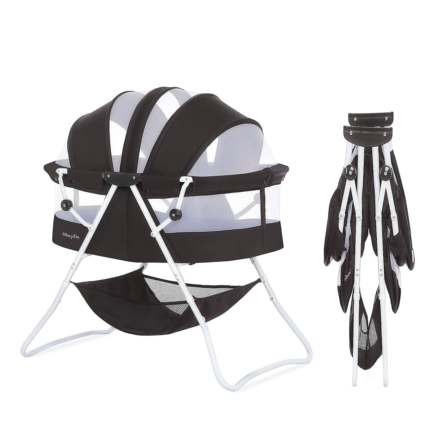Karley Bassinet in Black, Lightweight Portable Baby Bassinet, Quick Fold and Easy to Carry , Adjustable Double Canopy, Indoor and Outdoor Bassinet with Large Storage Basket.