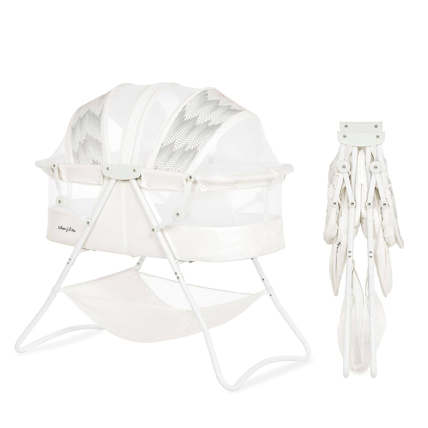 Karley Bassinet in Dove White, Lightweight Portable Baby Bassinet, Quick Fold and Easy to Carry, Adjustable Double Canopy, Indoor and Outdoor Bassinet with Large Storage Basket.