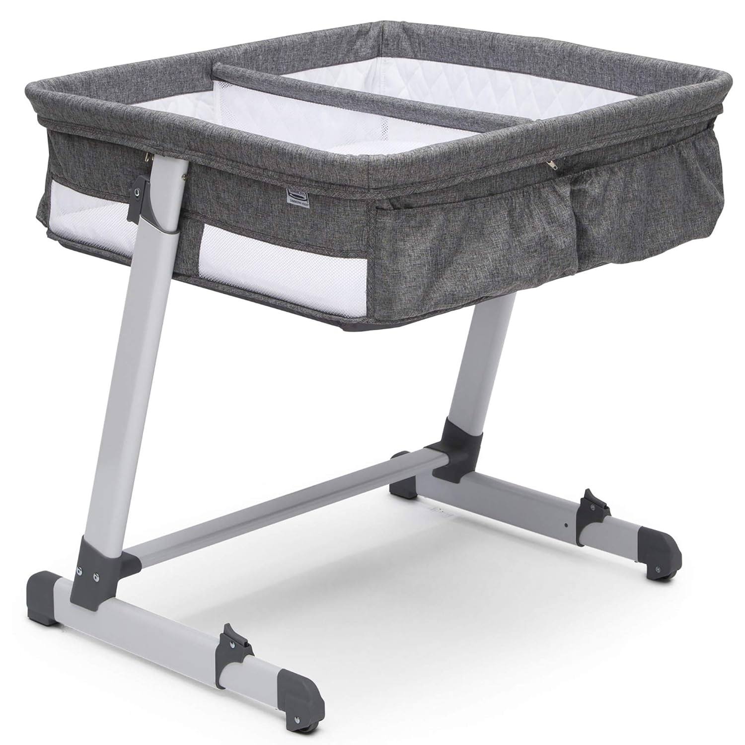 Simmons Kids By The Bed City Sleeper Bassinet for Twins   Adjustable Height Portable Crib with Wheels   Airflow Mesh, Grey Tweed